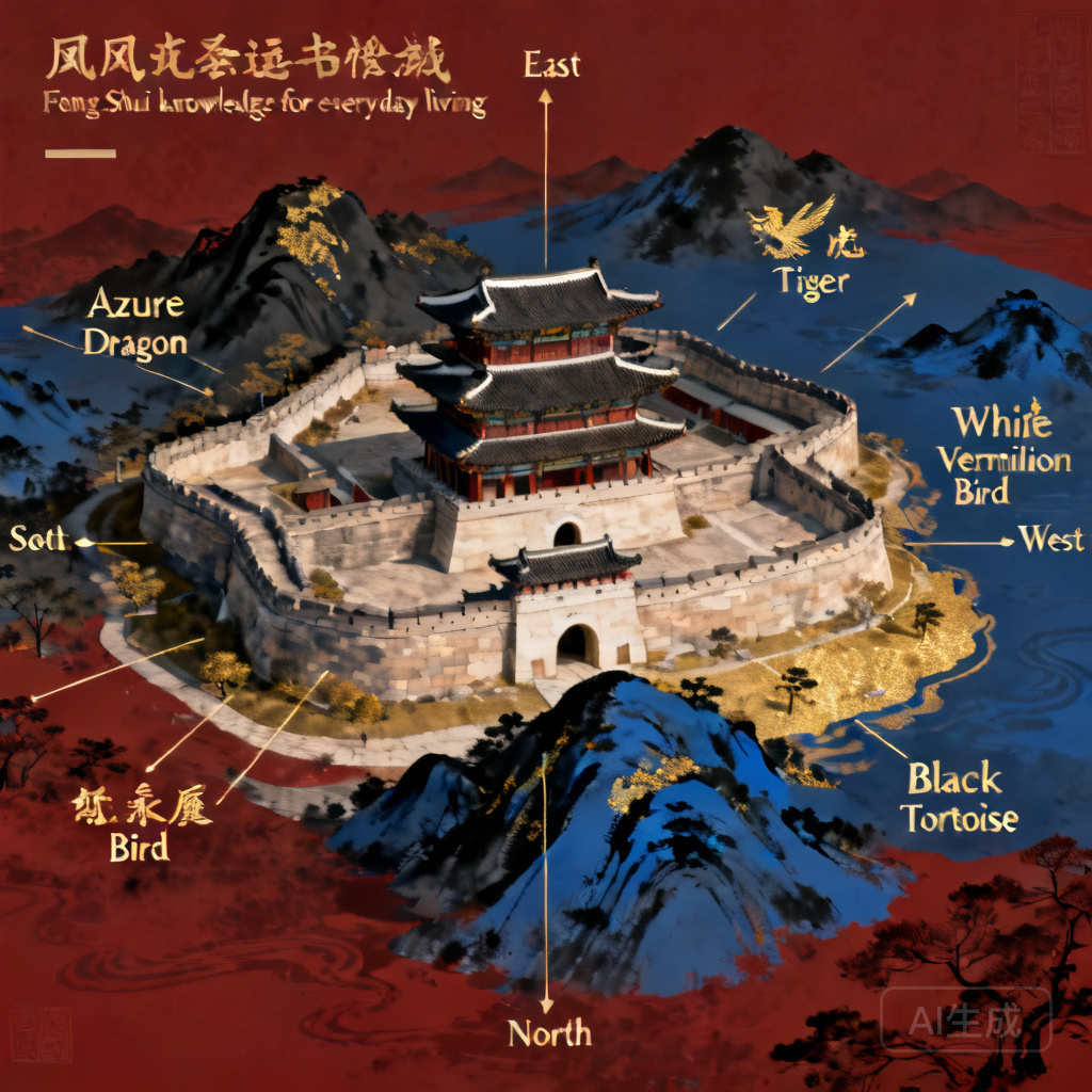 Aerial top-down view of Hwaseong Fortress marked with four celestial animal landform labels and cardinal direction lines