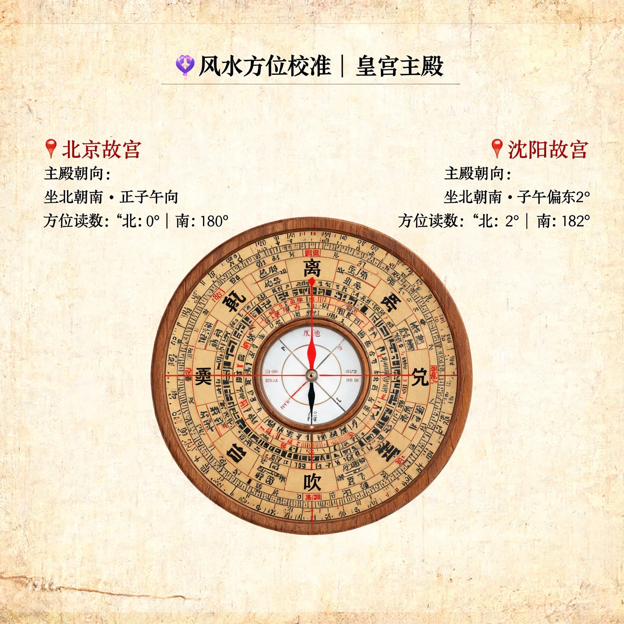 傳統風水羅盤的特寫，上面疊加了北京與瀋陽故宮正殿的方位角對齊讀數