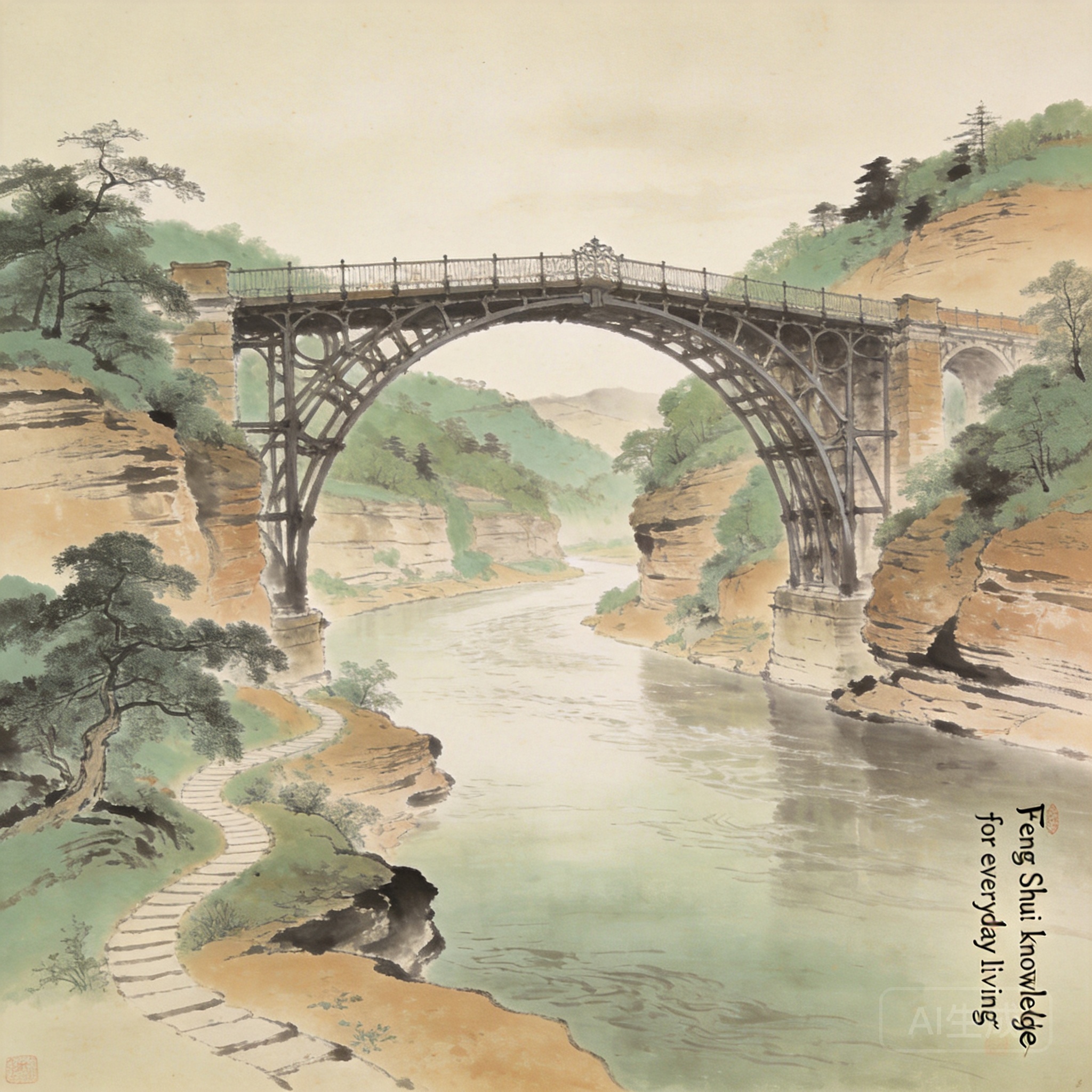 Panoramic shot of Ironbridge Gorge showing the 1779 cast iron bridge spanning the Severn River, surrounded by tree-covered sandstone hills