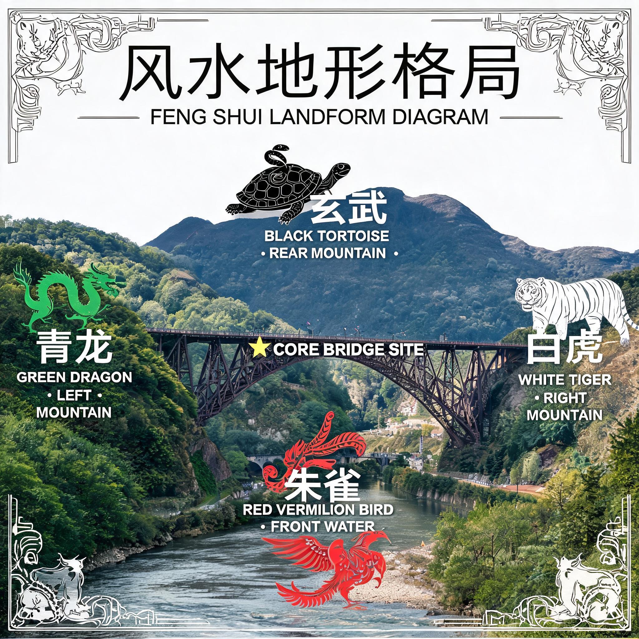 Diagram overlay of Ironbridge Gorge landforms showing Green Dragon, White Tiger, Black Tortoise, and Red Vermilion Bird positions relative to the core bridge site