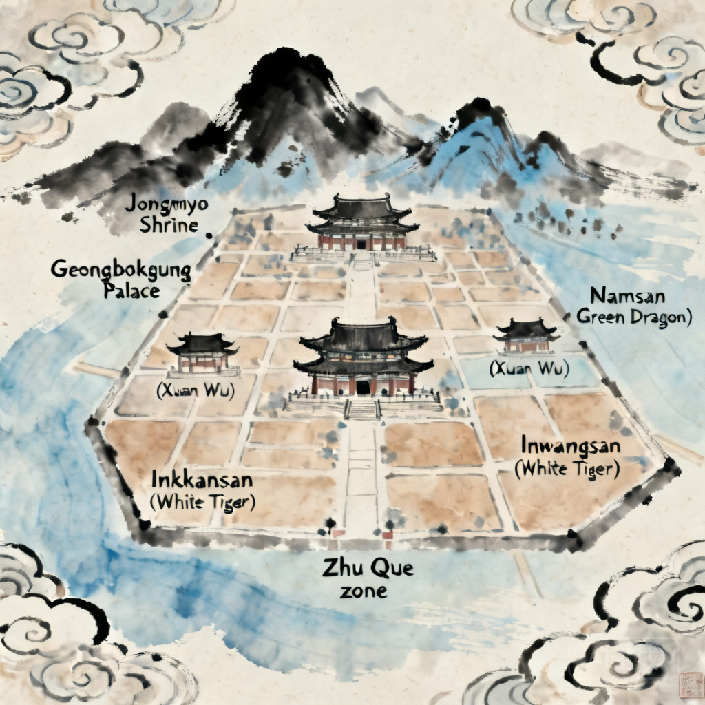 Simplified map of Seoul’s historic core, with labels for Jongmyo Shrine, Gyeongbokgung Palace, Bukhansan (Xuan Wu), Namsan (Green Dragon), Inwangsan (White Tiger), and the south-facing open Zhu Que zone