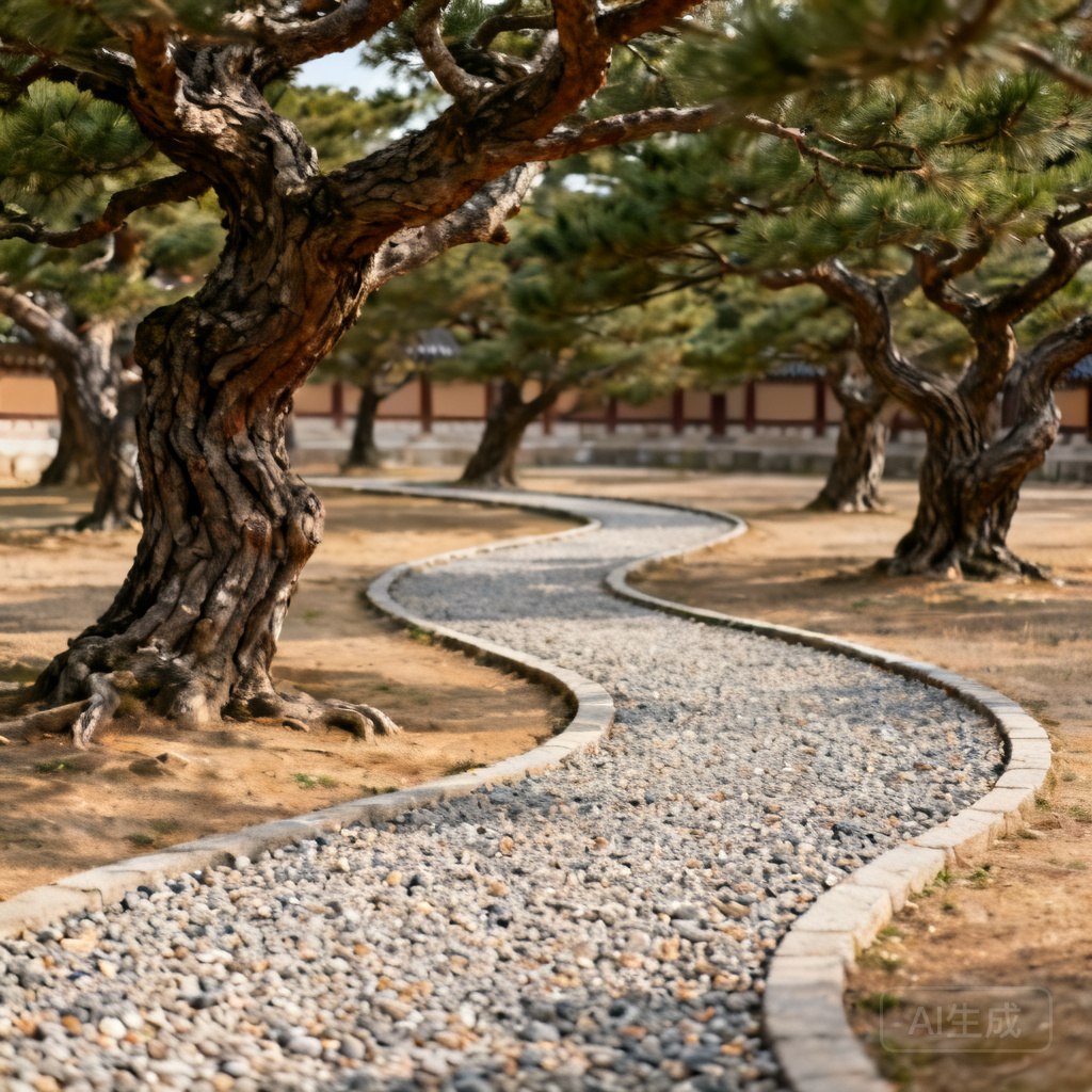 Close-up shot of a winding gravel path inside Jongmyo Shrine, lined with gnarled old pine trees, no straight lines visible in the path layout