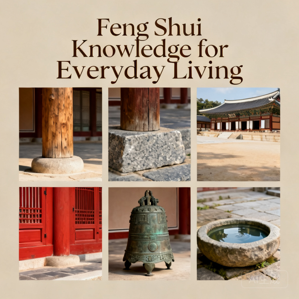 Collage of five photos showing Jongmyo’s five element features: unpainted wooden pillar, granite stone foundation, red door trim, bronze ritual bell, and small stone reflecting pool