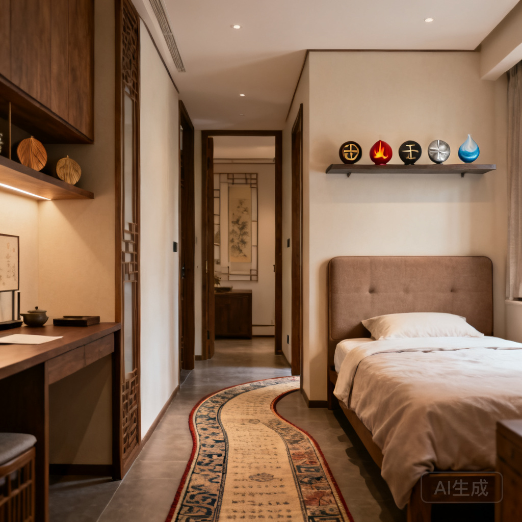 Photo of a 300 sq ft studio apartment, with a solid upholstered headboard on the bed, curved runner rug in the entryway, and small five element decor items on a floating shelf above the desk