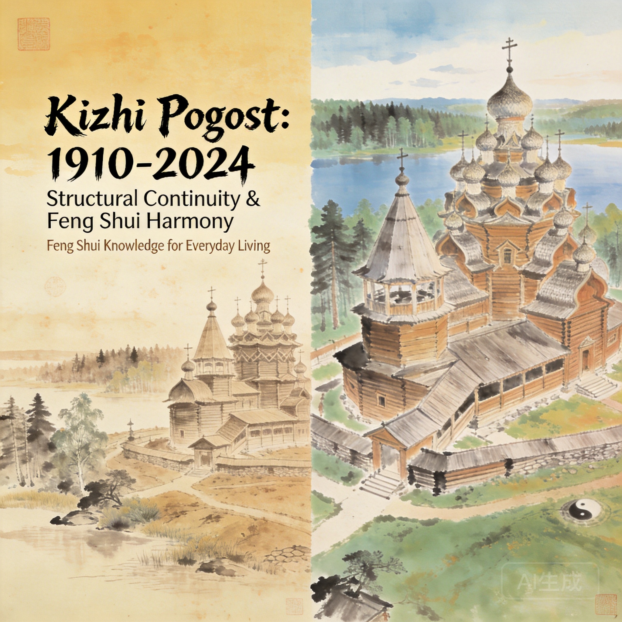 1910年與2024年Kizhi Pogost的對比照，可見114年間幾乎沒有可見的結構變化