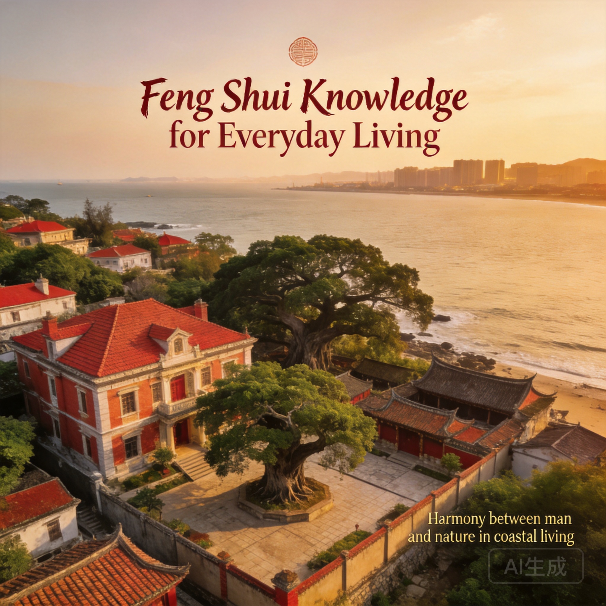 Aerial panoramic shot of Kulangsu’s coast, with red-tiled Western villas tucked between banyan trees and Minnan courtyard homes, looking out toward Xiamen’s mainland coast
