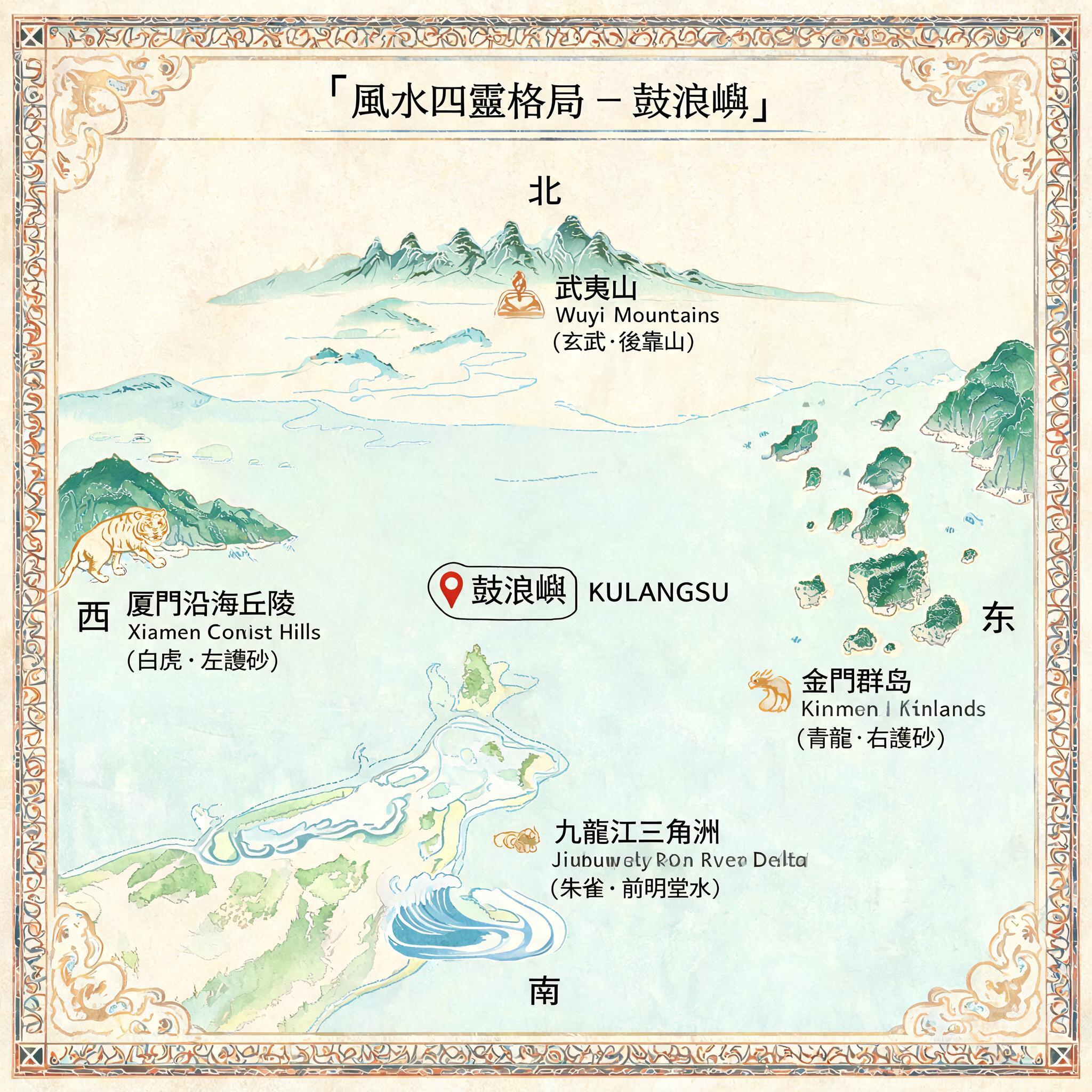 Illustrated diagram mapping Kulangsu’s position to the 4 Celestial Animals landform pattern, with labels for Wuyi Mountains, Kinmen Islands, Jiulong River delta, and flanking Xiamen coastal hills