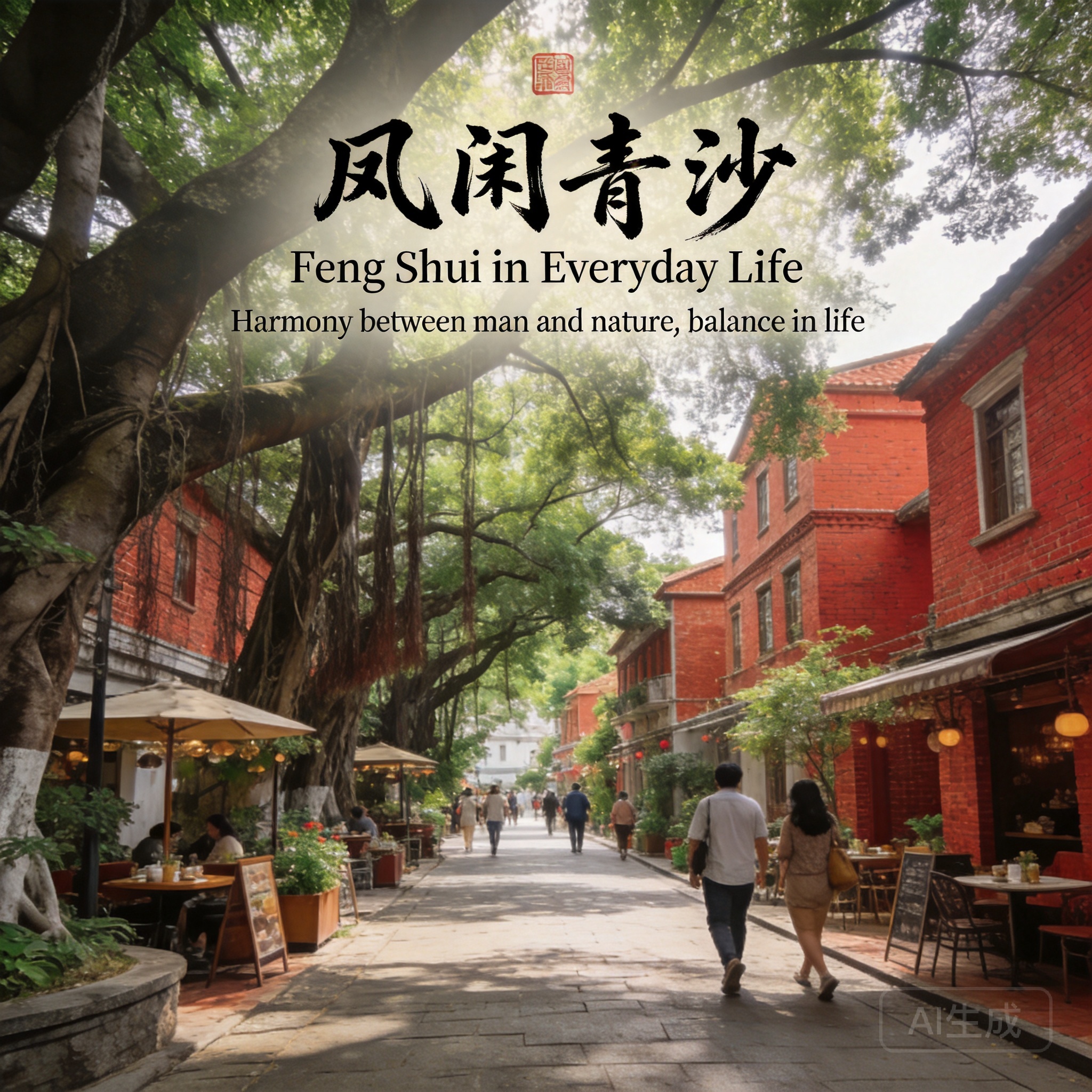 Wide shot of a car-free Kulangsu pedestrian alley lined with banyan trees, small cafes, and historic red-brick villas, with visitors walking slowly through the space