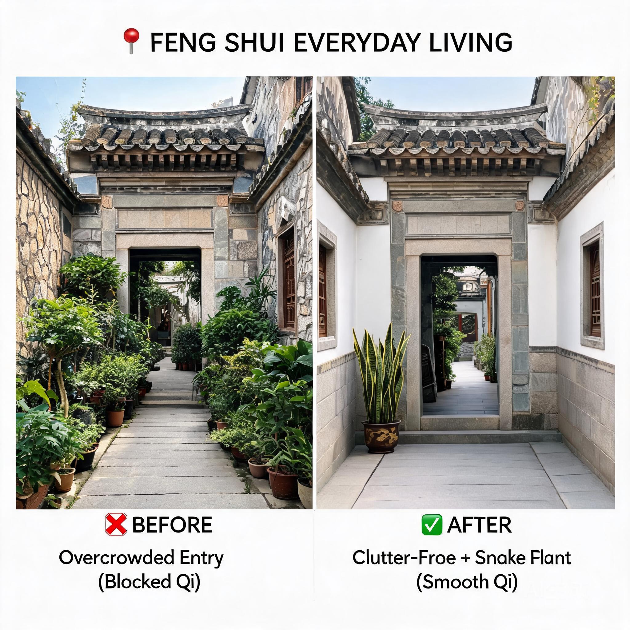 並排比較兩處入口:一側是擺滿盆栽綠植的鼓浪嶼入口,另一側是放置一盆虎尾蘭、淨空無雜物的住宅入口,說明第一個簡易風水調整方法