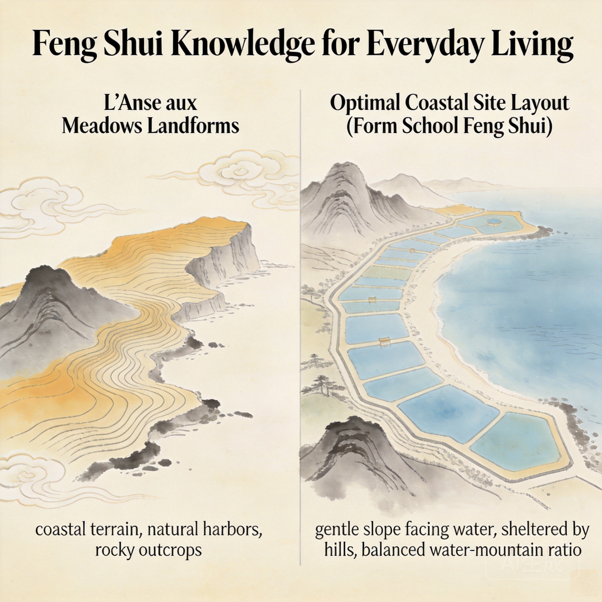 side-by-side diagram of L’Anse aux Meadows landforms and traditional form school feng shui optimal coastal site layout