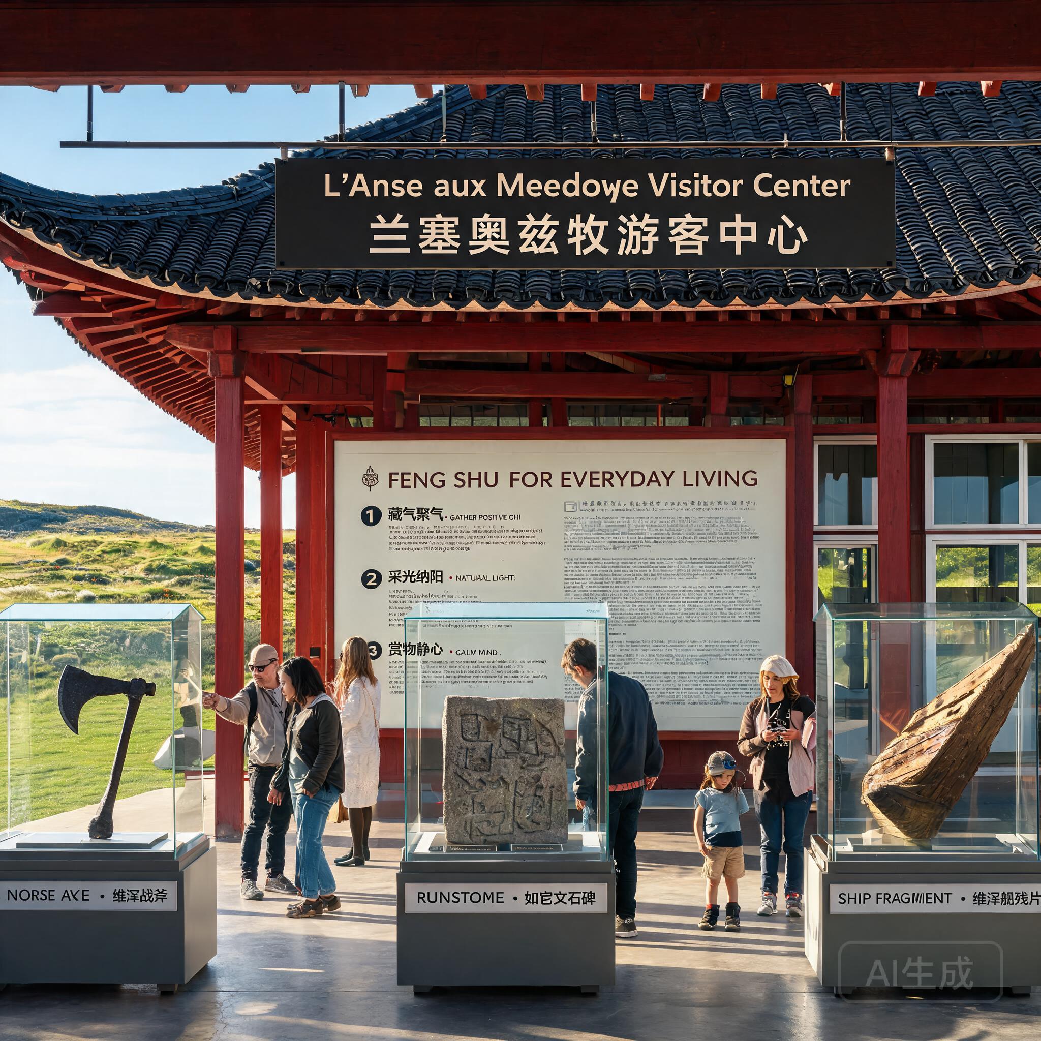 photo of visitors exploring the L’Anse aux Meadows visitor center and viewing original Norse artifacts