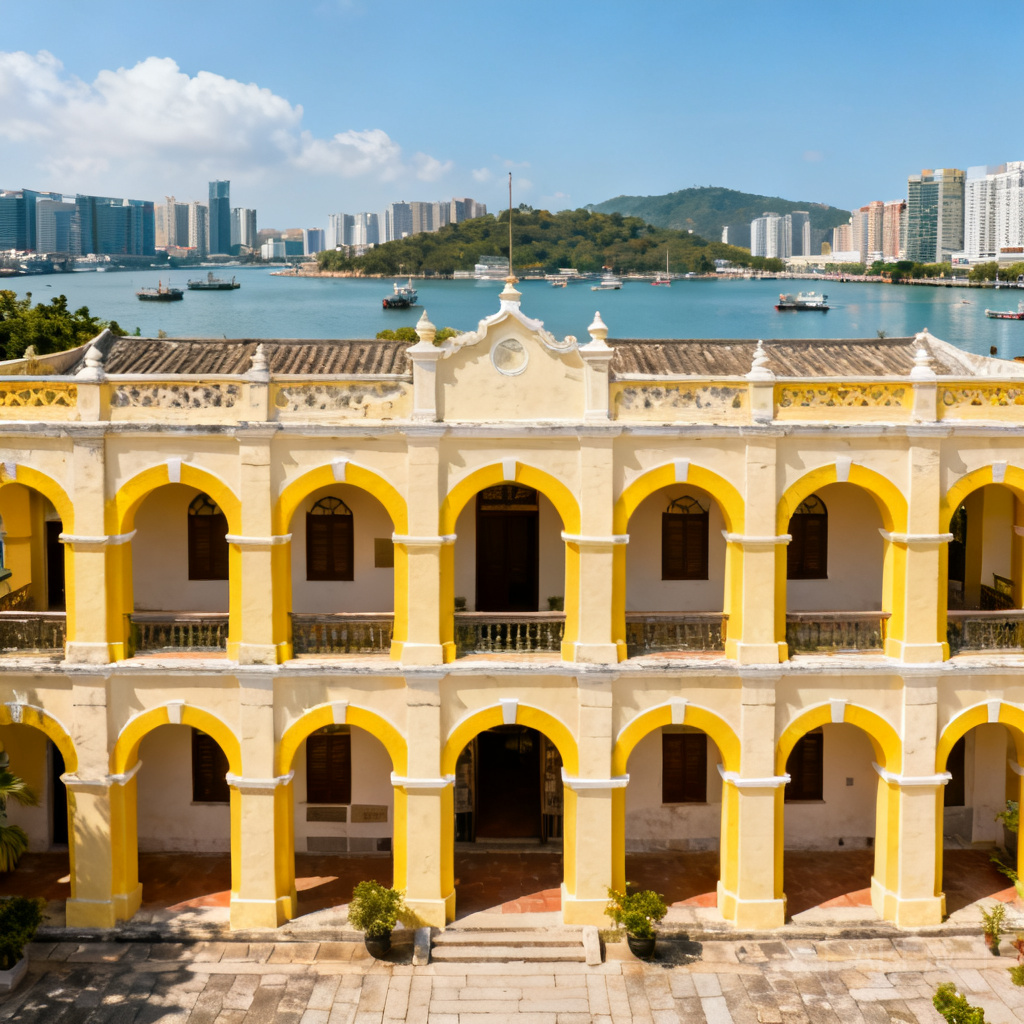 Full front exterior shot of Macao Moorish Barracks with Inner Harbour in the background, yellow Moorish arches and cream stone walls visible under bright sunlight