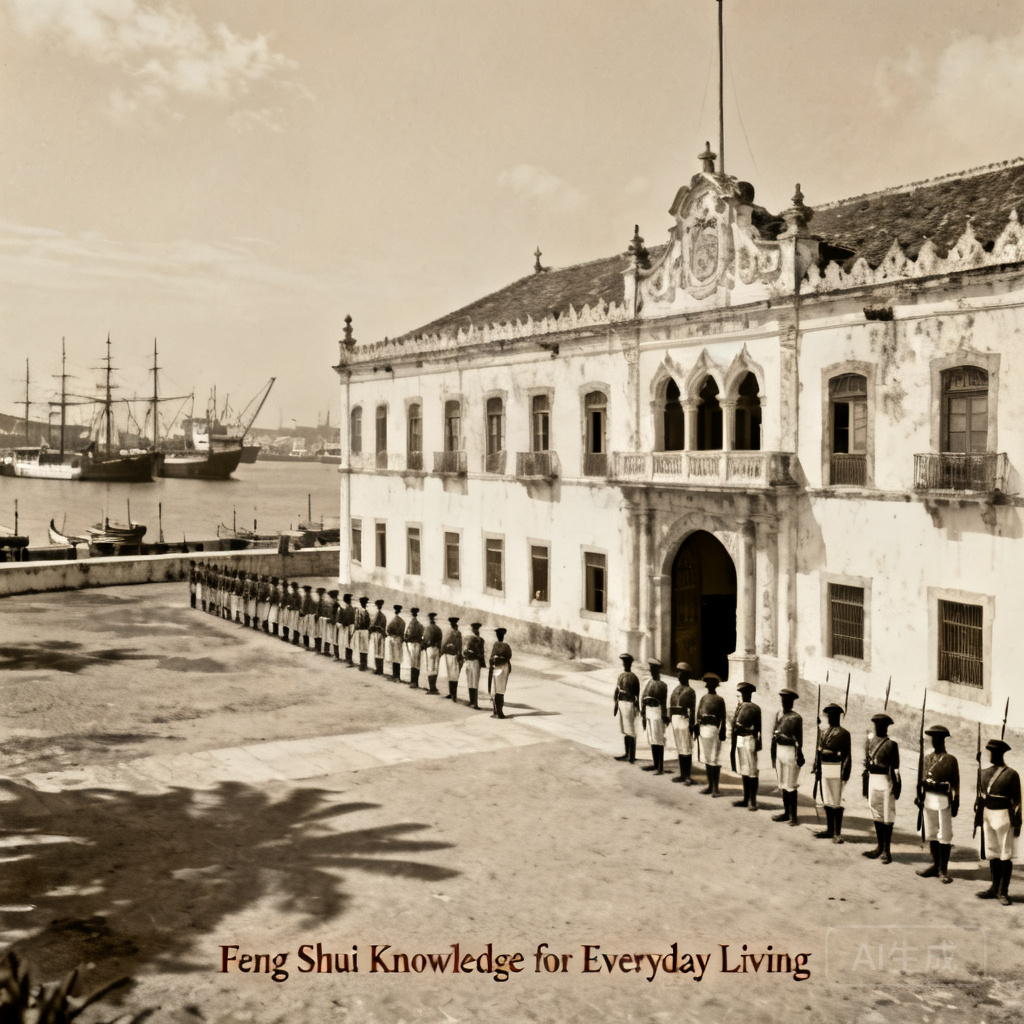 Historic 1880 archival photo of the Moorish Barracks with stationed Portuguese-African troops lined up at the front entrance, Inner Harbour docks visible in the far background