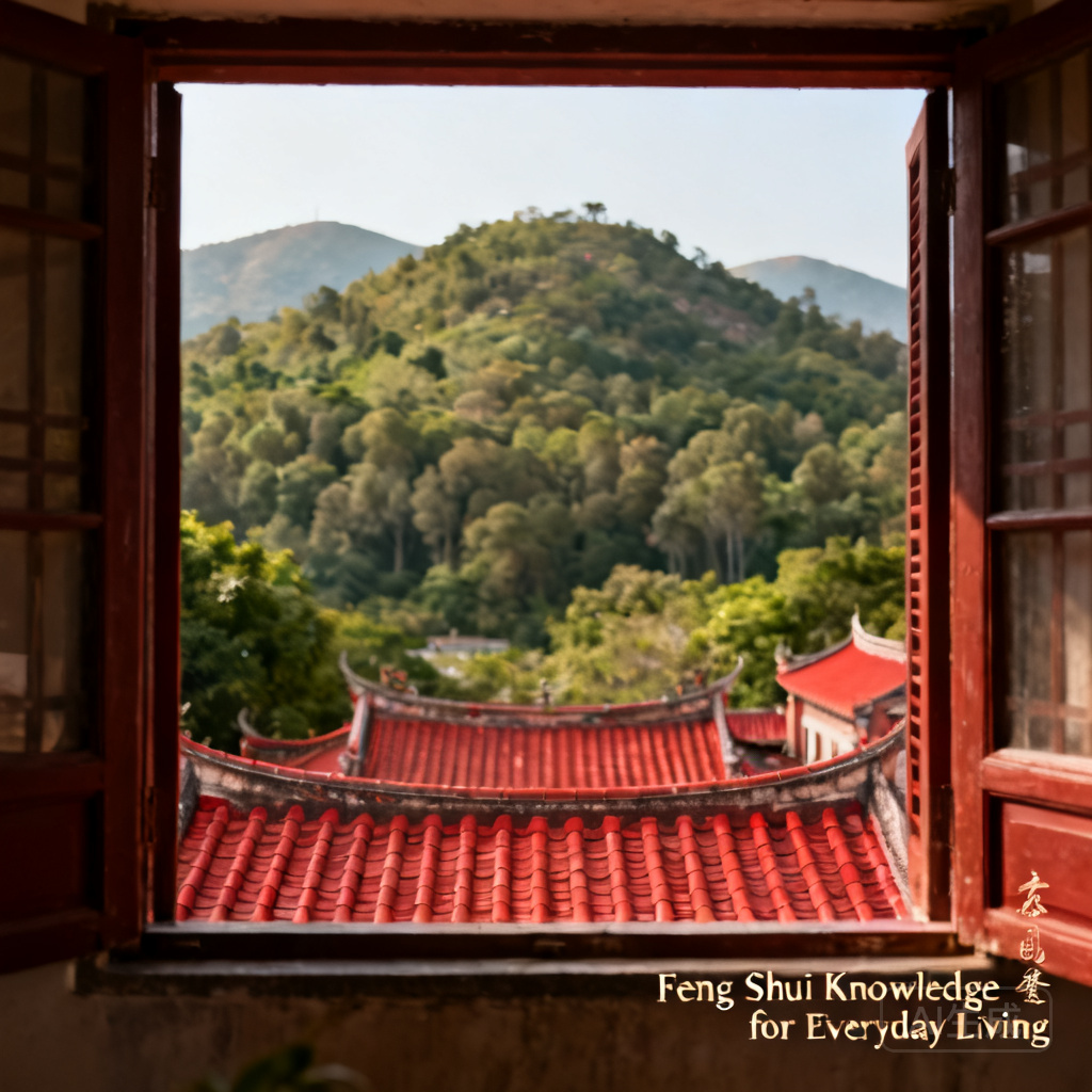Photo of northern surroundings: forested Barra Hill and red tiled roofs of A-Ma Temple, taken from the barracks’ second-floor northern window