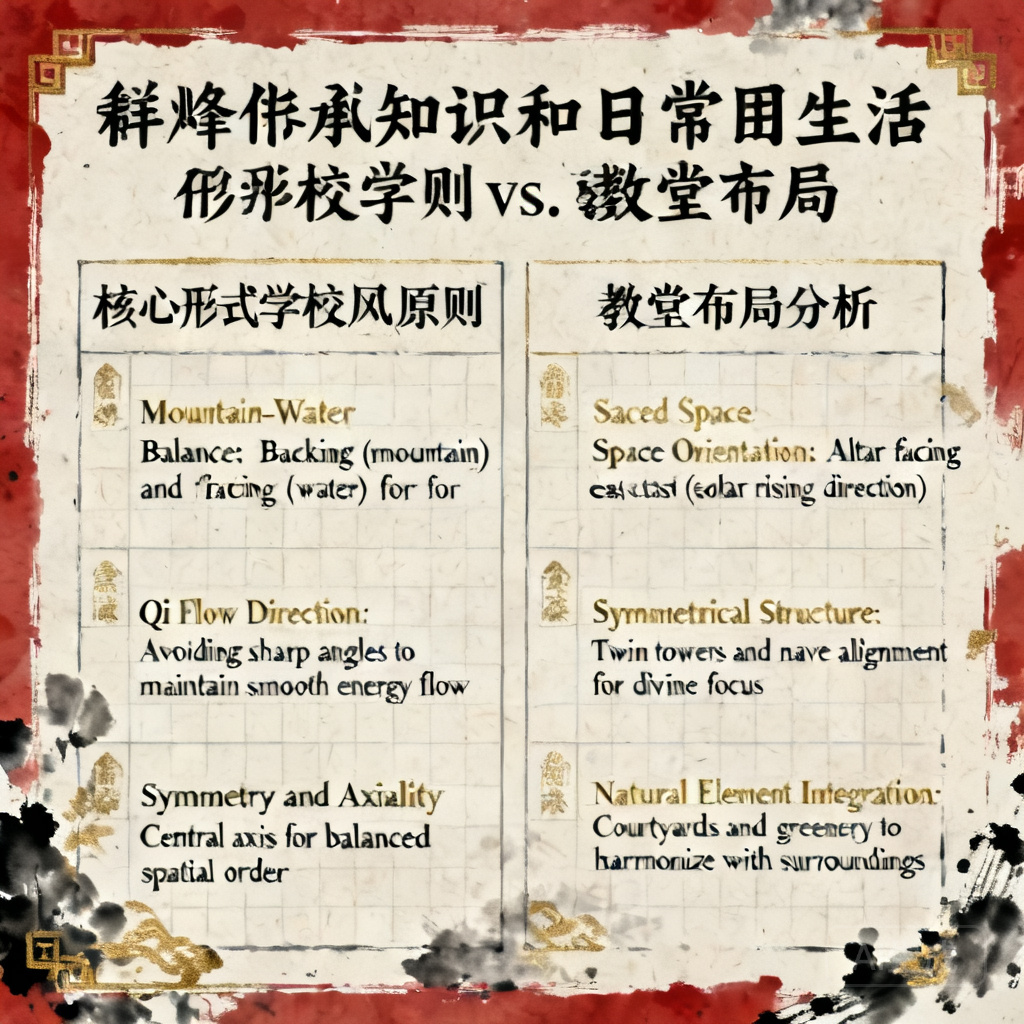 Infographic: Side-by-side comparison of core form school feng shui principles and the church’s layout