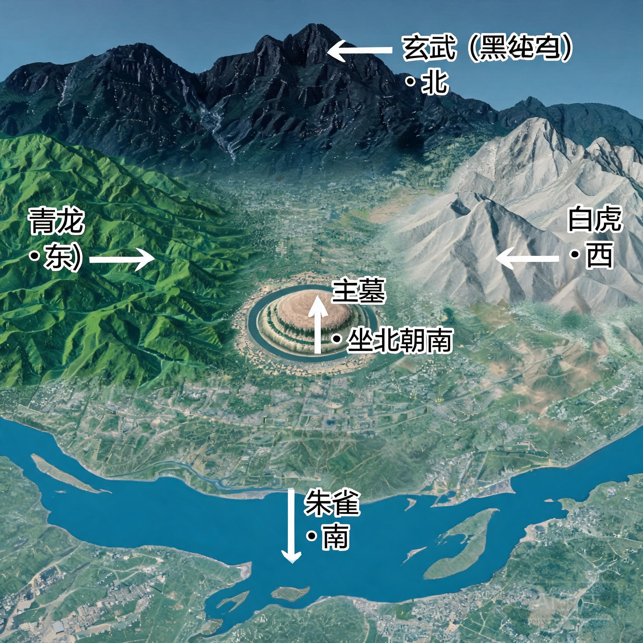 Annotated satellite map of the mausoleum site, with labels for each of the four celestial guardian landforms and the south-facing alignment of the main tomb mound