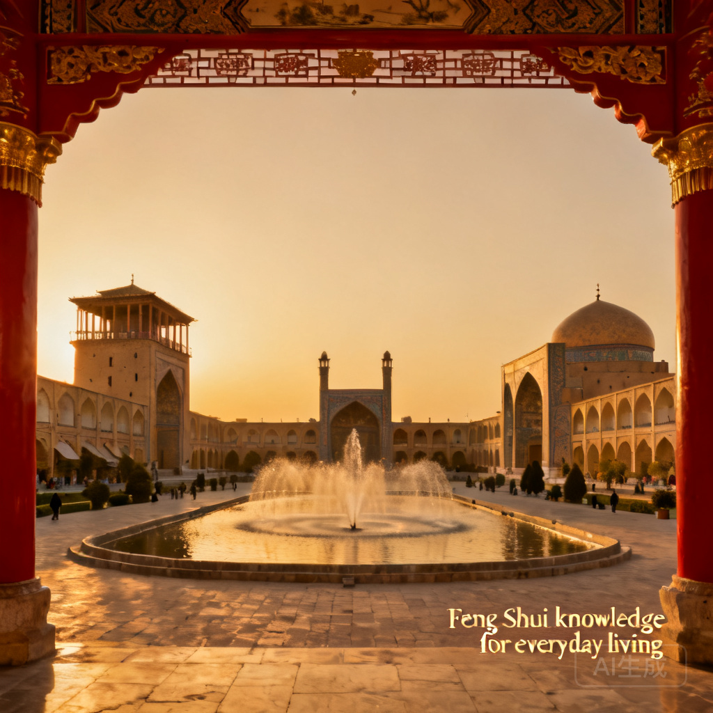 Panoramic ground-level shot of Meidan Emam, Esfahan at golden hour, showing the central fountain, Shah Mosque to the south, and Ali Qapu Palace to the west