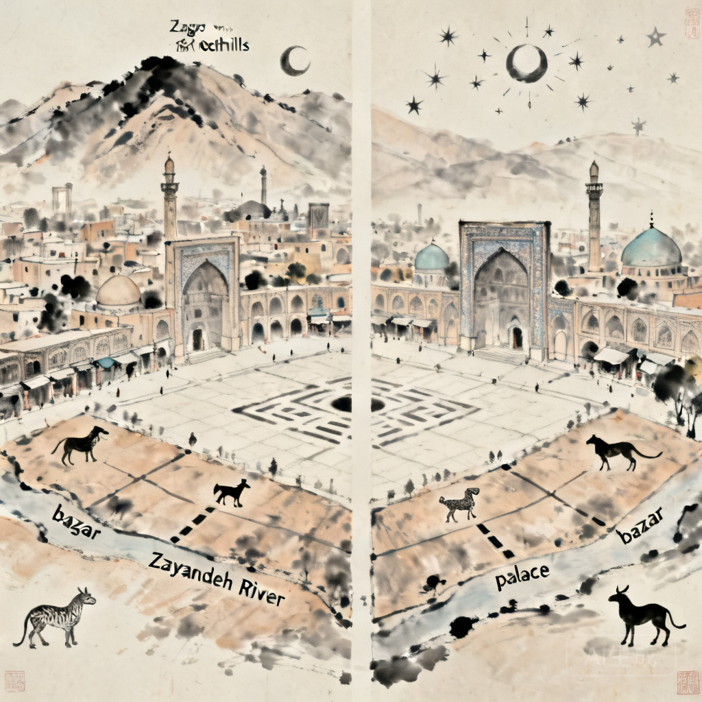 Side-by-side diagram of Meidan Emam’s surrounding landforms overlaid with Form School feng shui celestial animal labels, marking Zagros foothills to the north, Zayandeh River to the south, bazaar to the east, and palace to the west