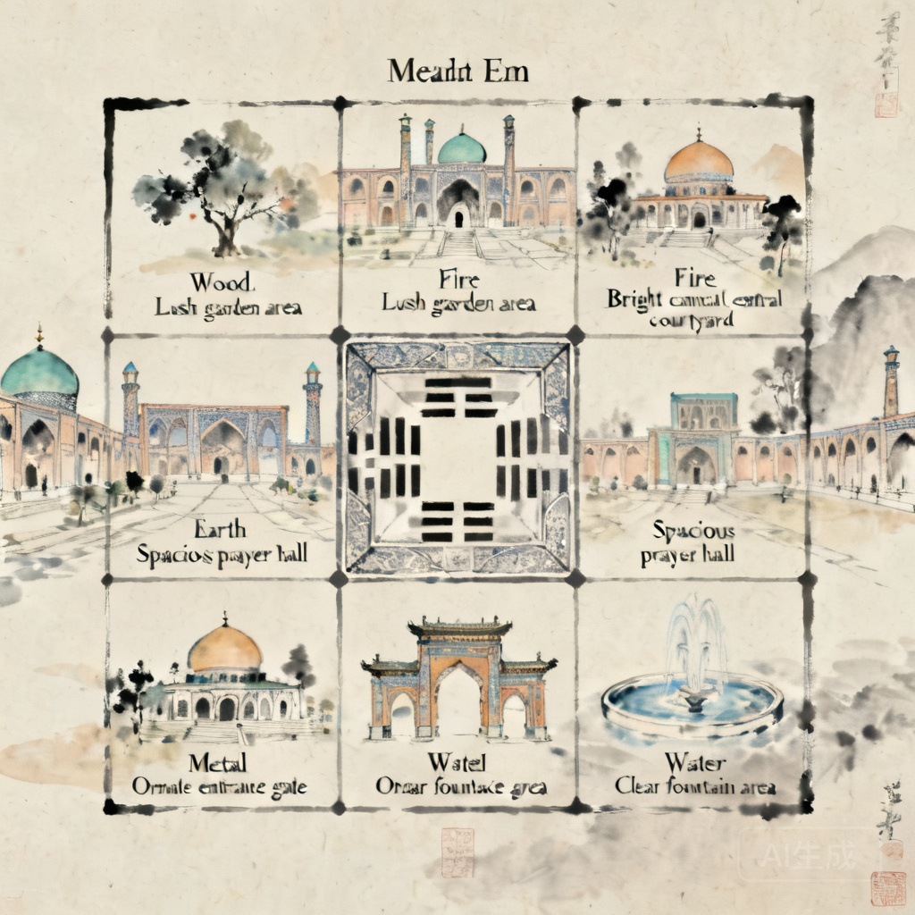 Lo Shu 3x3 grid overlaid on a floor plan of Meidan Emam, with each zone labeled with its corresponding 5 element and matching site feature