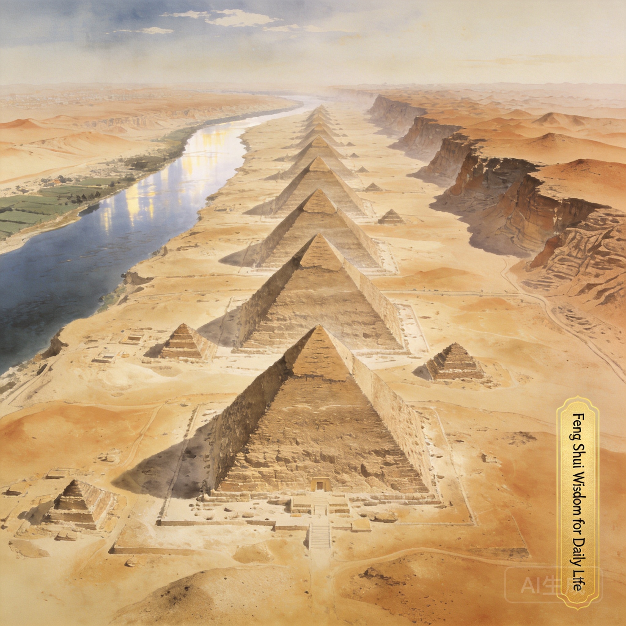 Aerial panoramic shot of the 40km stretch of pyramid fields from Giza in the north to Dahshur in the south, with the Nile River visible to the east and western desert escarpment to the west