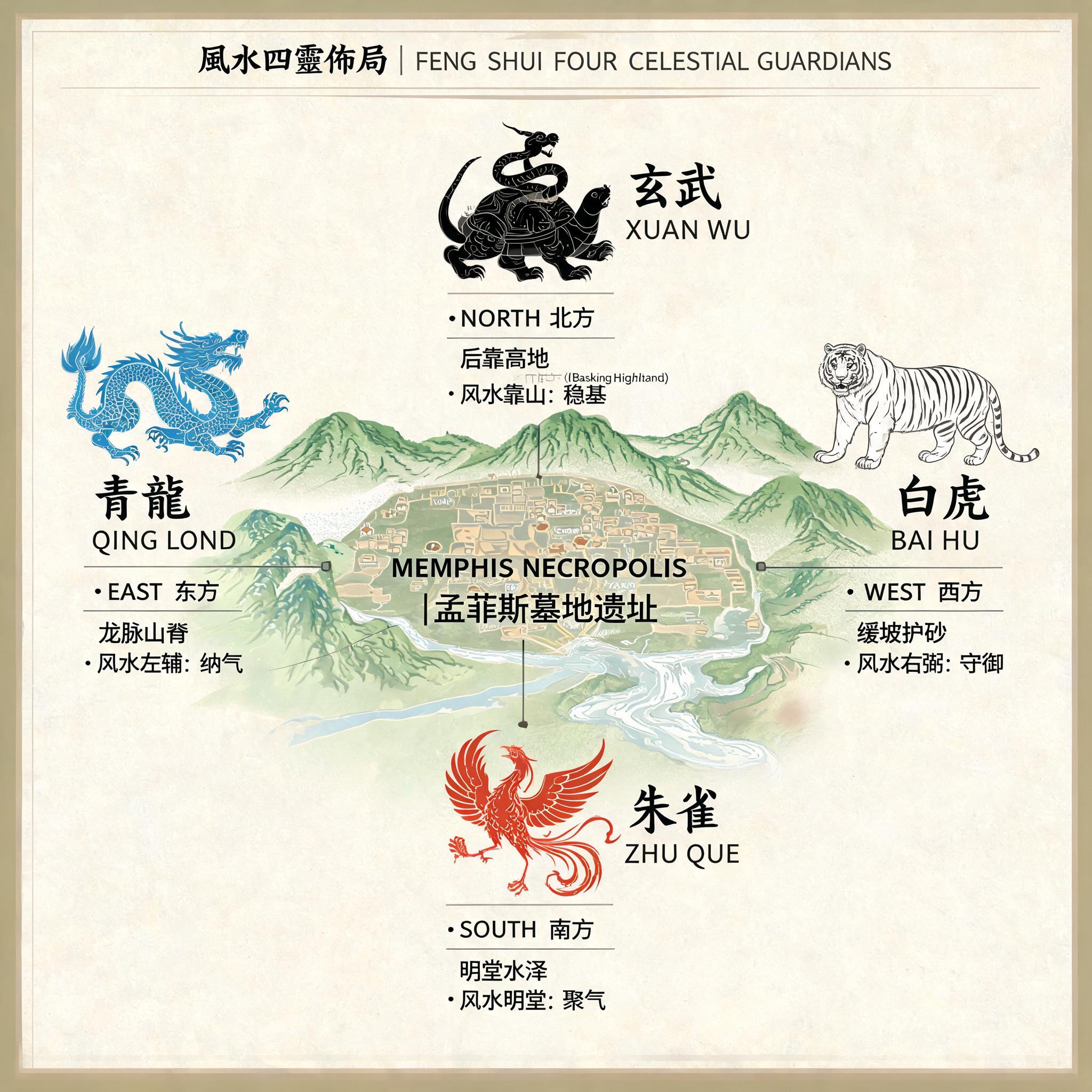 Diagram overlaying the four celestial feng shui animals (Xuan Wu, Qing Long, Bai Hu, Zhu Que) on a map of the Memphis Necropolis site, labeling each corresponding landform