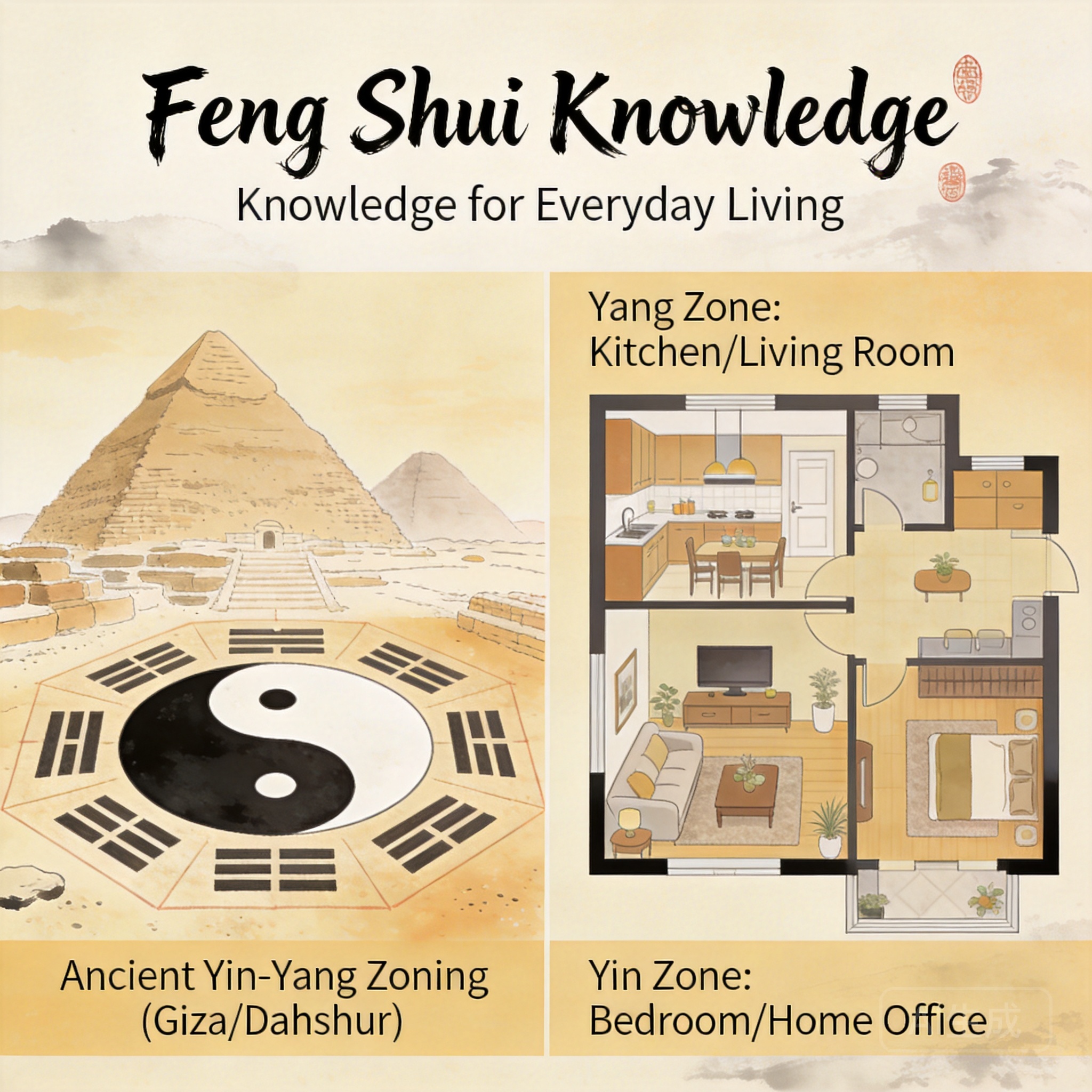 Side-by-side comparison of the Giza/Dahshur yin-yang zoning layout and a modern home floor plan with active yang zones (kitchen, living room) and restful yin zones (bedroom, home office) marked