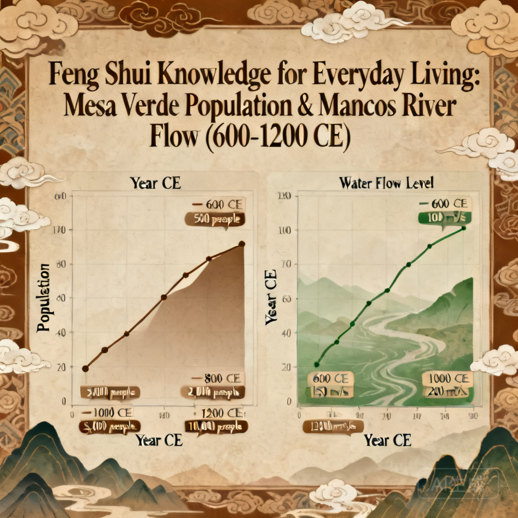 Side-by-side infographic showing Mesa Verde’s population growth from 600 CE to 1200 CE, and corresponding water flow levels in the Mancos River over the same period