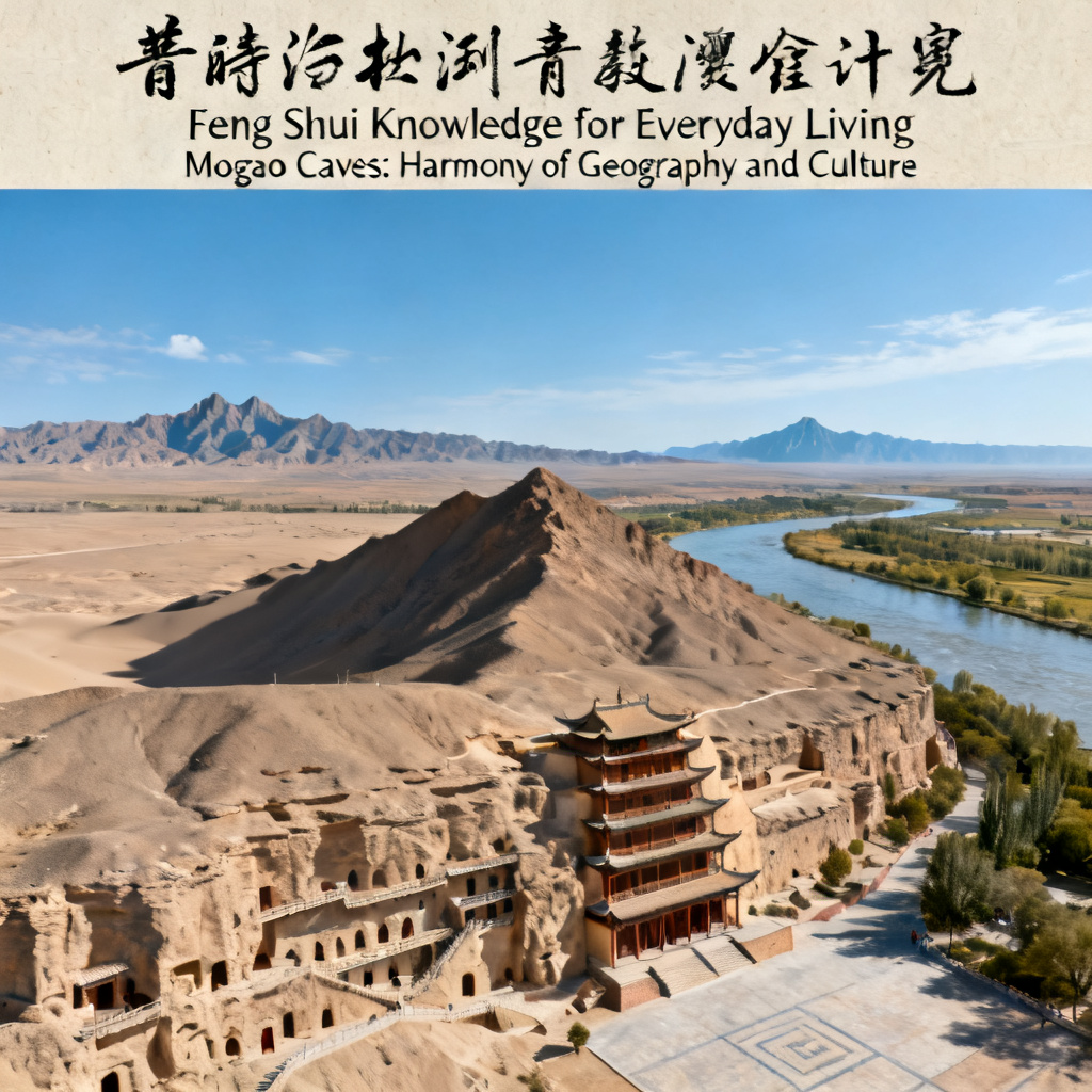 Aerial panoramic shot of the Mogao Caves site, showing Mingsha Mountain behind the grottoes, the Dang River to the east, and Sanwei Mountain visible across the flat basin in front of the site