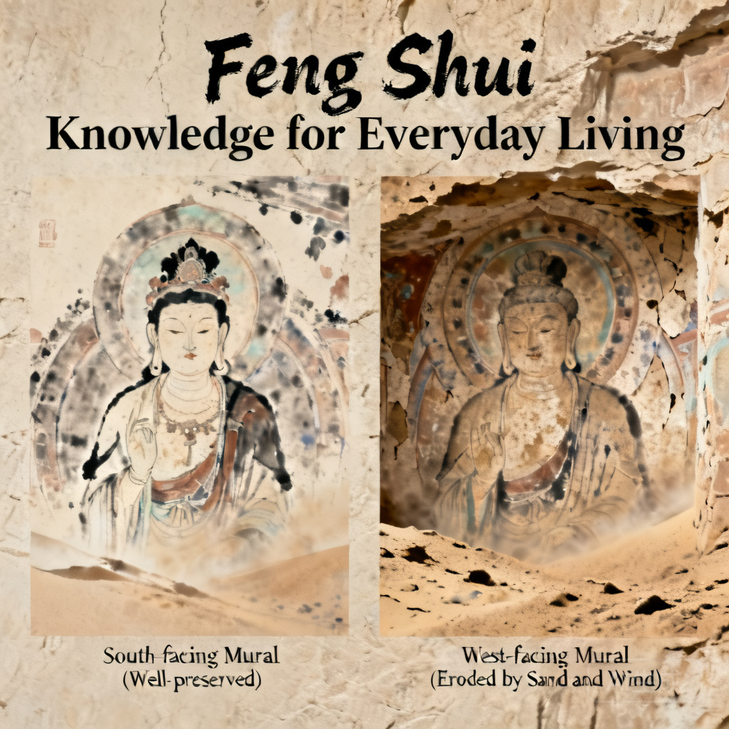 Side-by-side comparison of a south-facing Mogao cave mural in good condition and a west-facing cave mural from the same era with significant sand and wind erosion