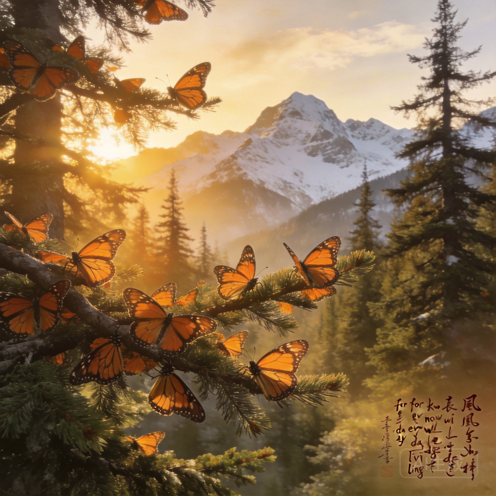 Wide shot of the reserve’s oyamel fir forest at sunrise, with clusters of orange monarch butterflies visible on tree branches and snow-capped mountain peaks in the background
