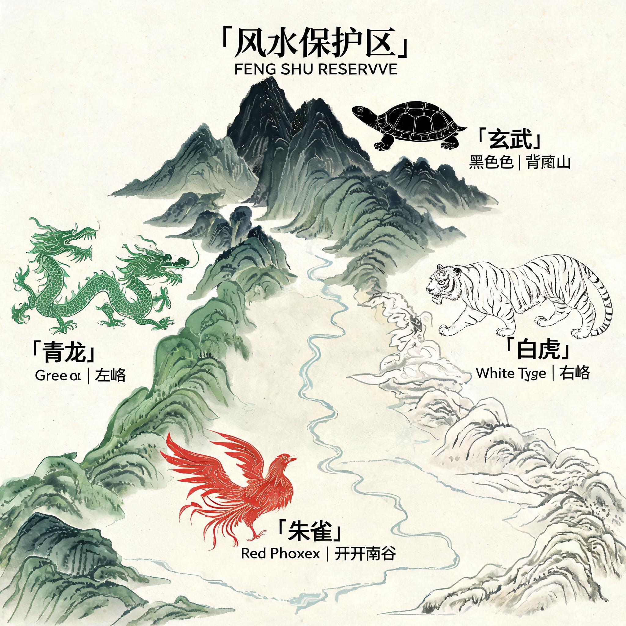 保護區的空中地形圖，標註四神獸標籤顯示後方玄武靠山、左側青龍山脊、右側白虎山脊，以及南方朱雀開闊谷地