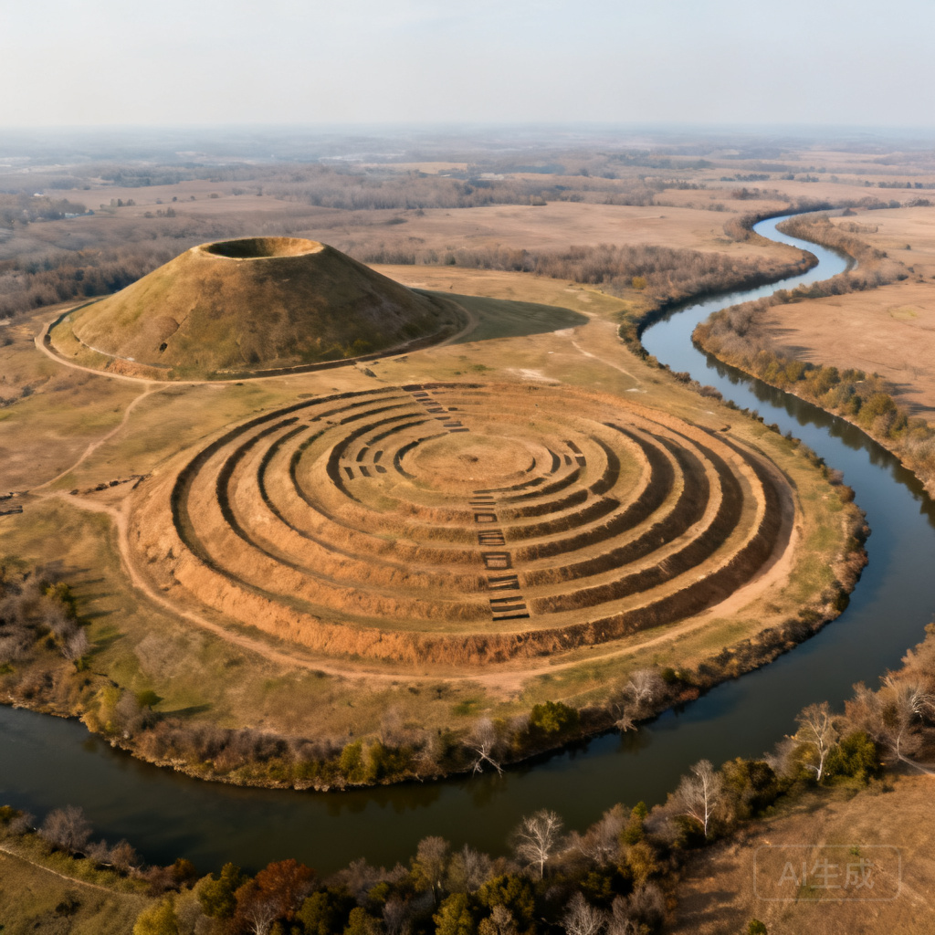 Aerial shot of Poverty Point earthworks, showing concentric ridges and Mound A to the north, with Bayou Macon curving around the western edge