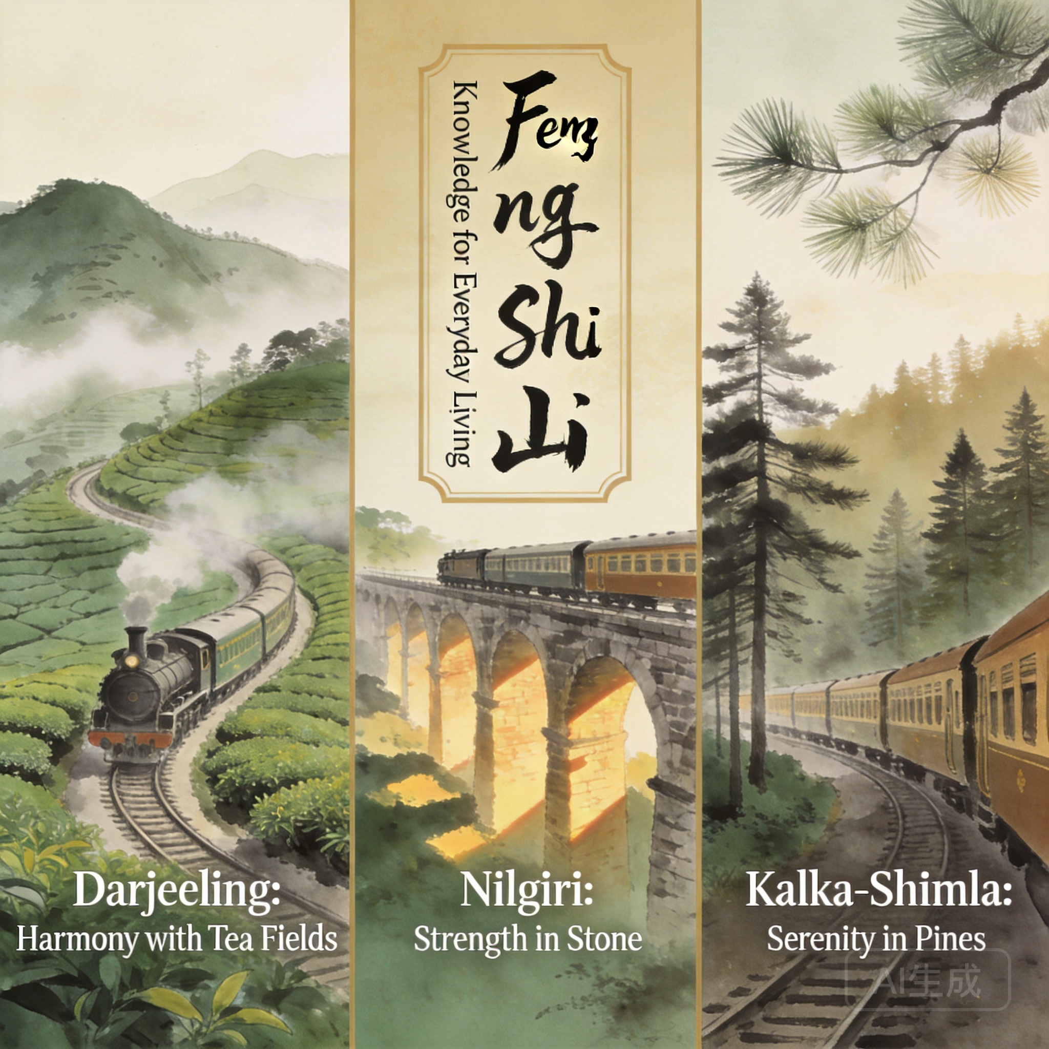 三條UNESCO高山鐵路的並排拼貼圖,畫面包含蜿蜒穿過茶園的大吉嶺蒸汽火車、越過石造高架橋的尼爾吉里火車,以及穿行過松樹林山脊的卡爾卡-西姆拉火車