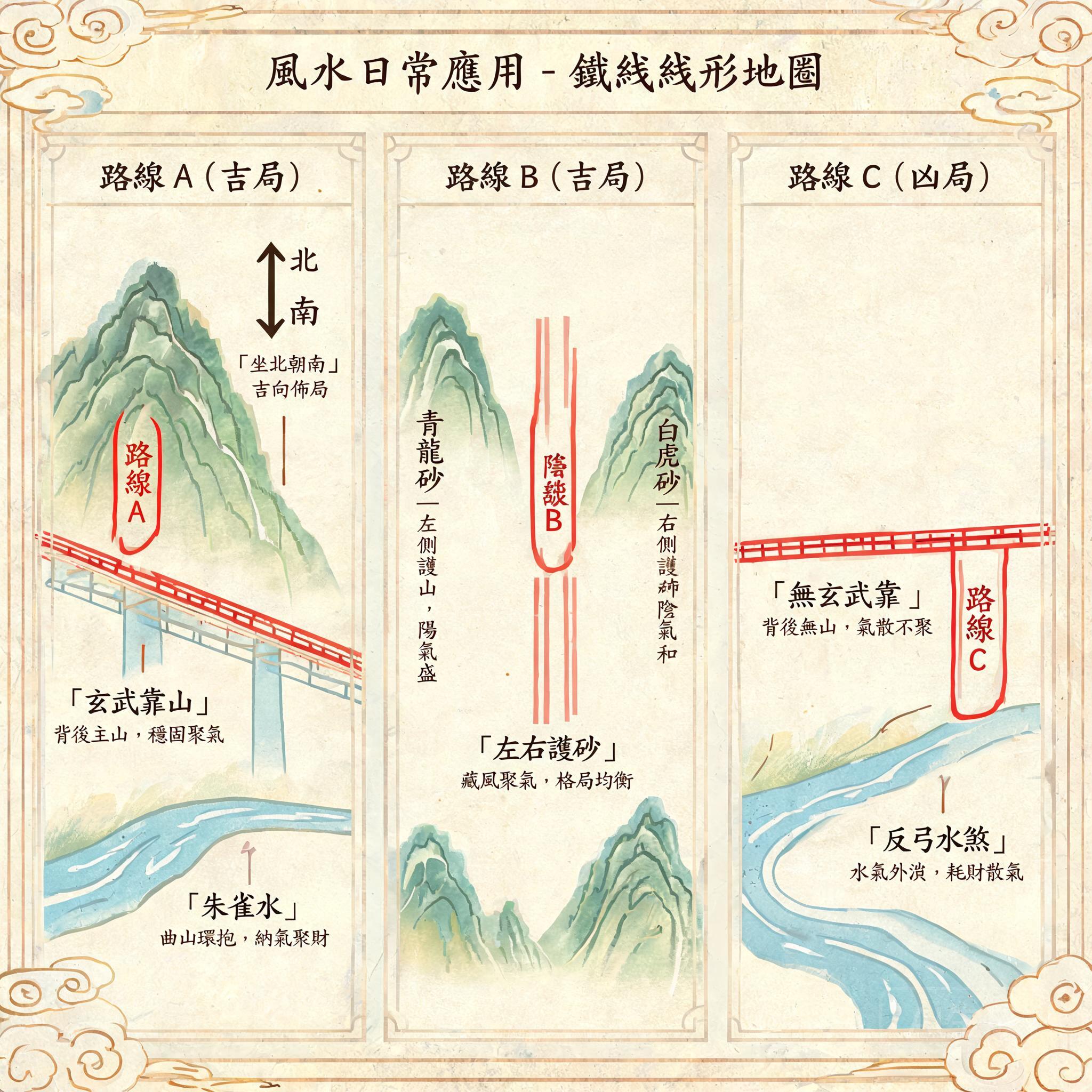 三條山地鐵路路線的地形圖疊圖,標註了形勢派分類的保護性地貌、水景與方位對齊標籤