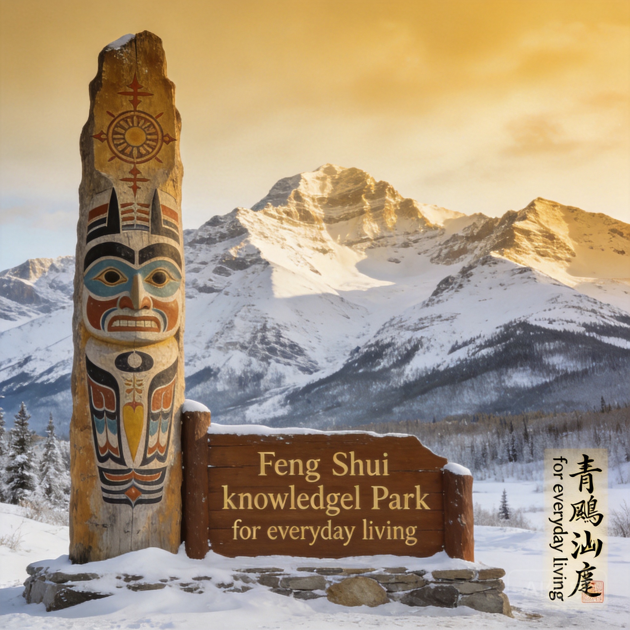納汉尼國家公園入口處的甸尼族文化標記照片,背景可見積雪覆蓋的馬更些山脈