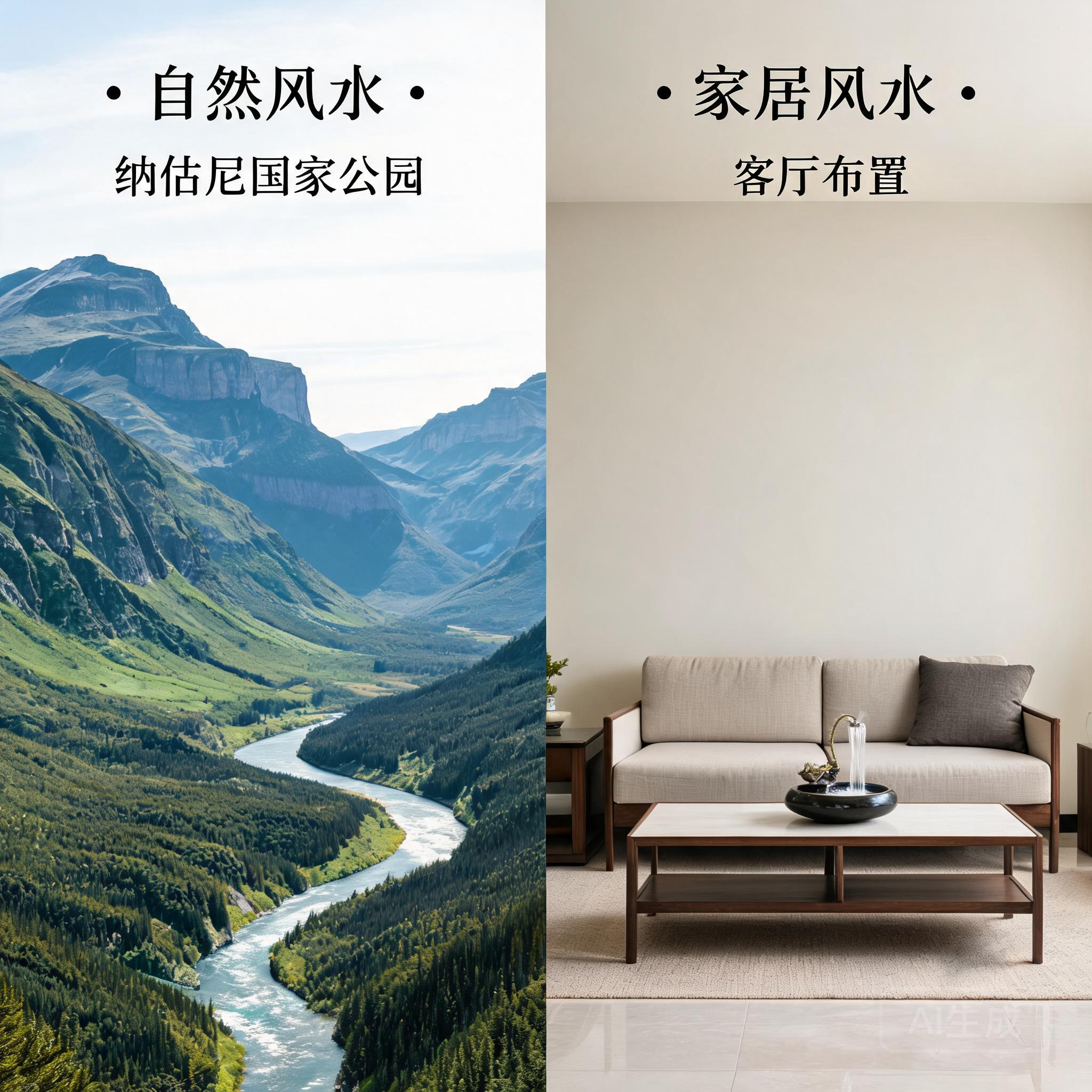 納汉尼國家公園的環抱山脈格局,與沙發後方靠實牆、茶几上擺放桌面流水擺飾的小套房客廳對照圖,展示兩者相通的風水原則