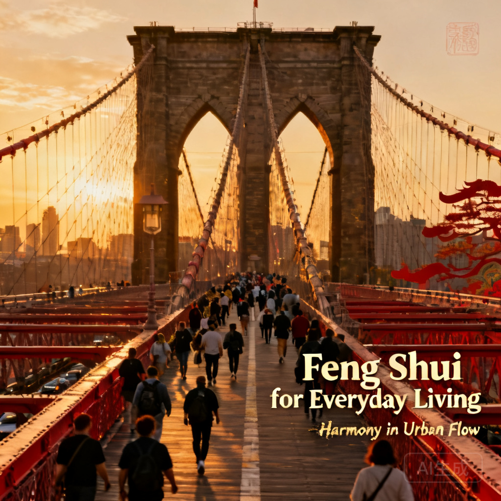 Shot of the Brooklyn Bridge at golden hour, with crowds of tourists and commuters crossing the span, showing the constant movement of people across the structure