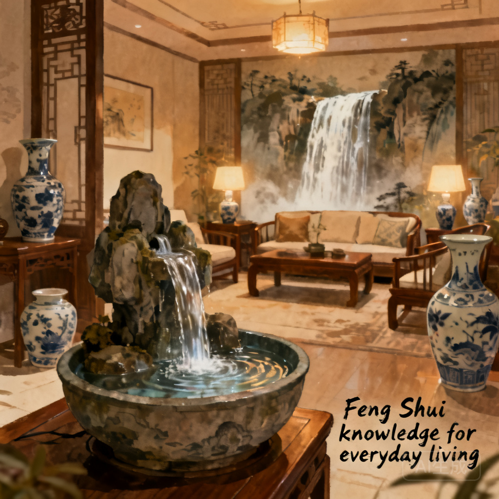 Example of a small tabletop fountain positioned in a home’s living room, with water flowing toward the seating area to mirror Niagara Falls’ beneficial gathering water pattern