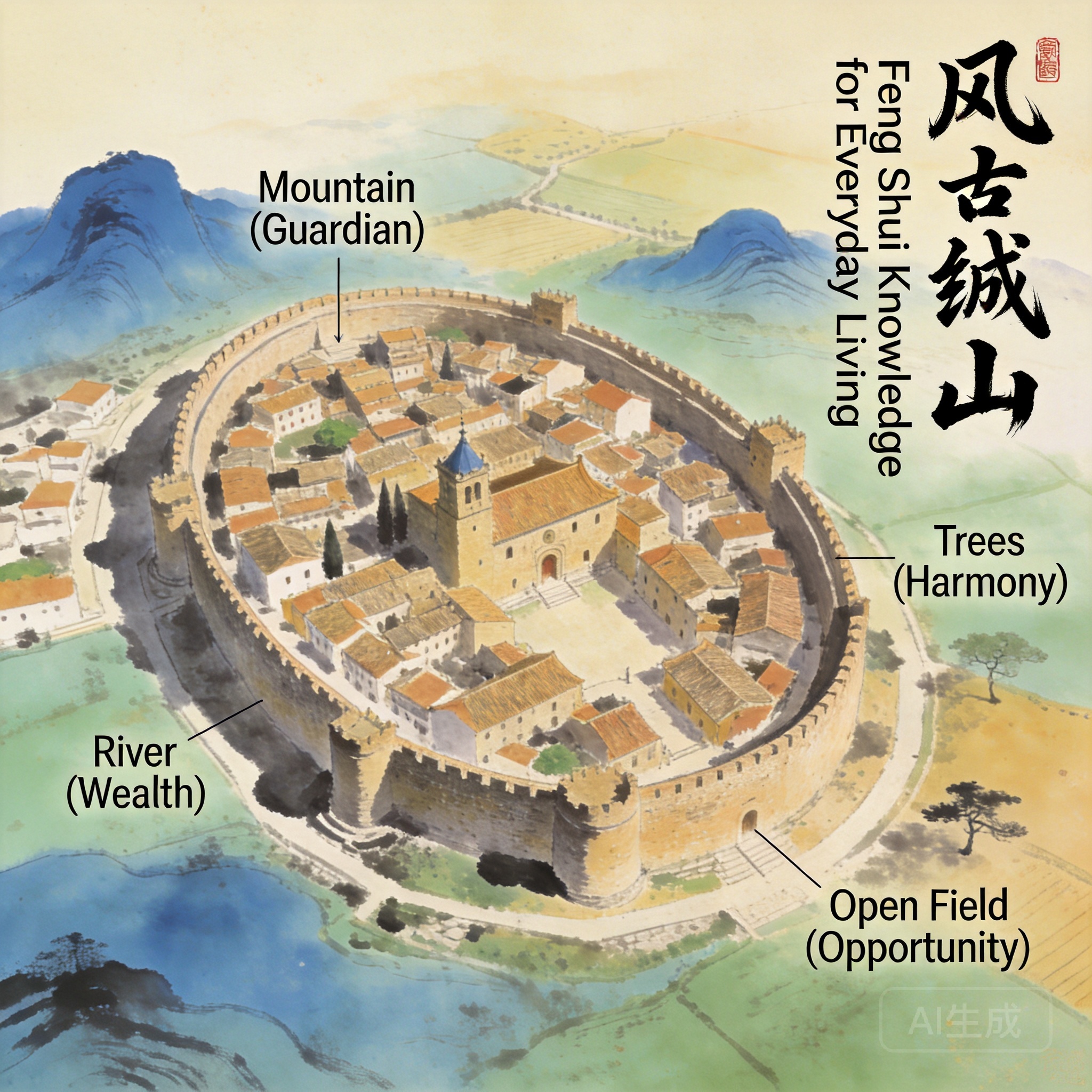 Aerial top-down shot of the Old Town of Cáceres oval walled perimeter, with surrounding landforms labeled for feng shui reference