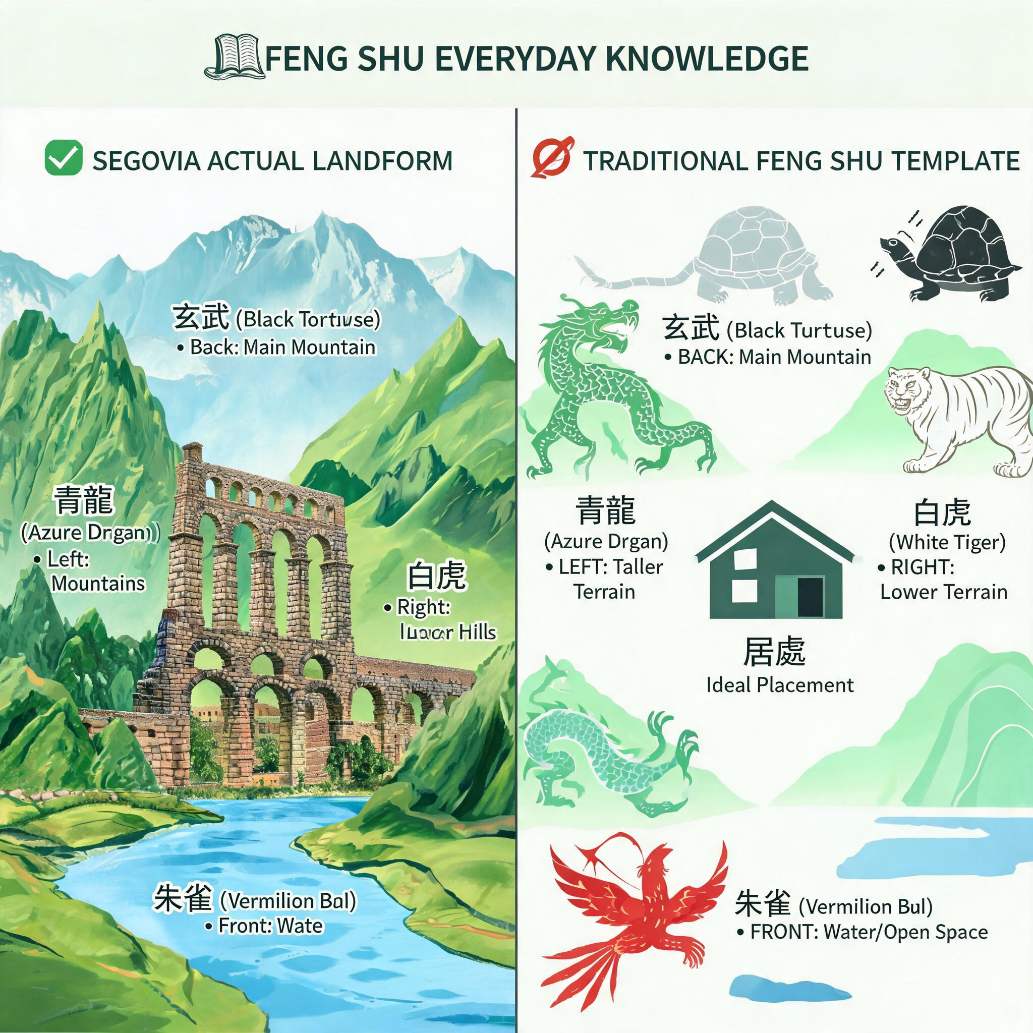 塞哥維亞地形對應傳統四靈獸風水格局的對照示意圖