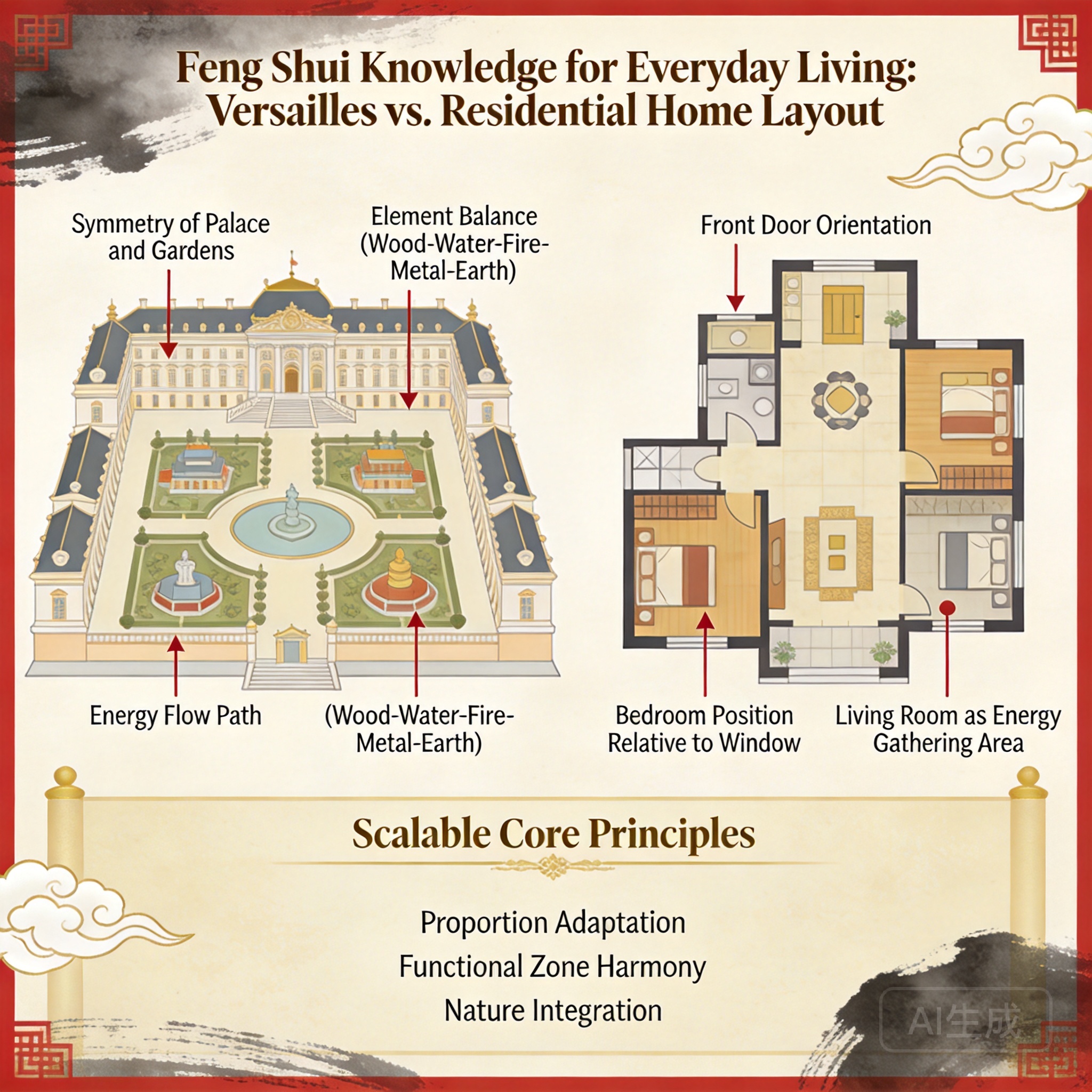 Infographic comparing Versailles&rsquo; feng shui layout to a typical residential home, highlighting scalable core principles