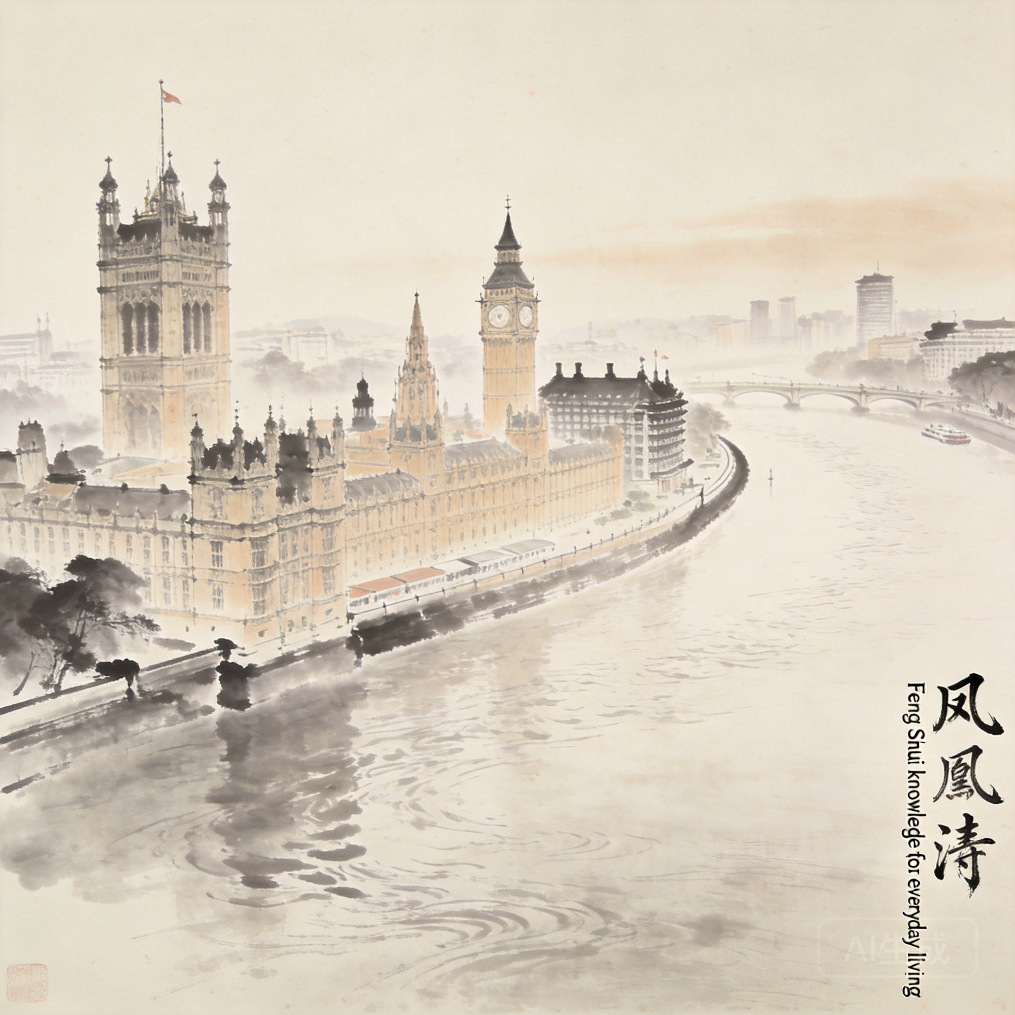 Panoramic shot of the Westminster complex from the south bank of the Thames, showing the curved flow of the river past the three sites