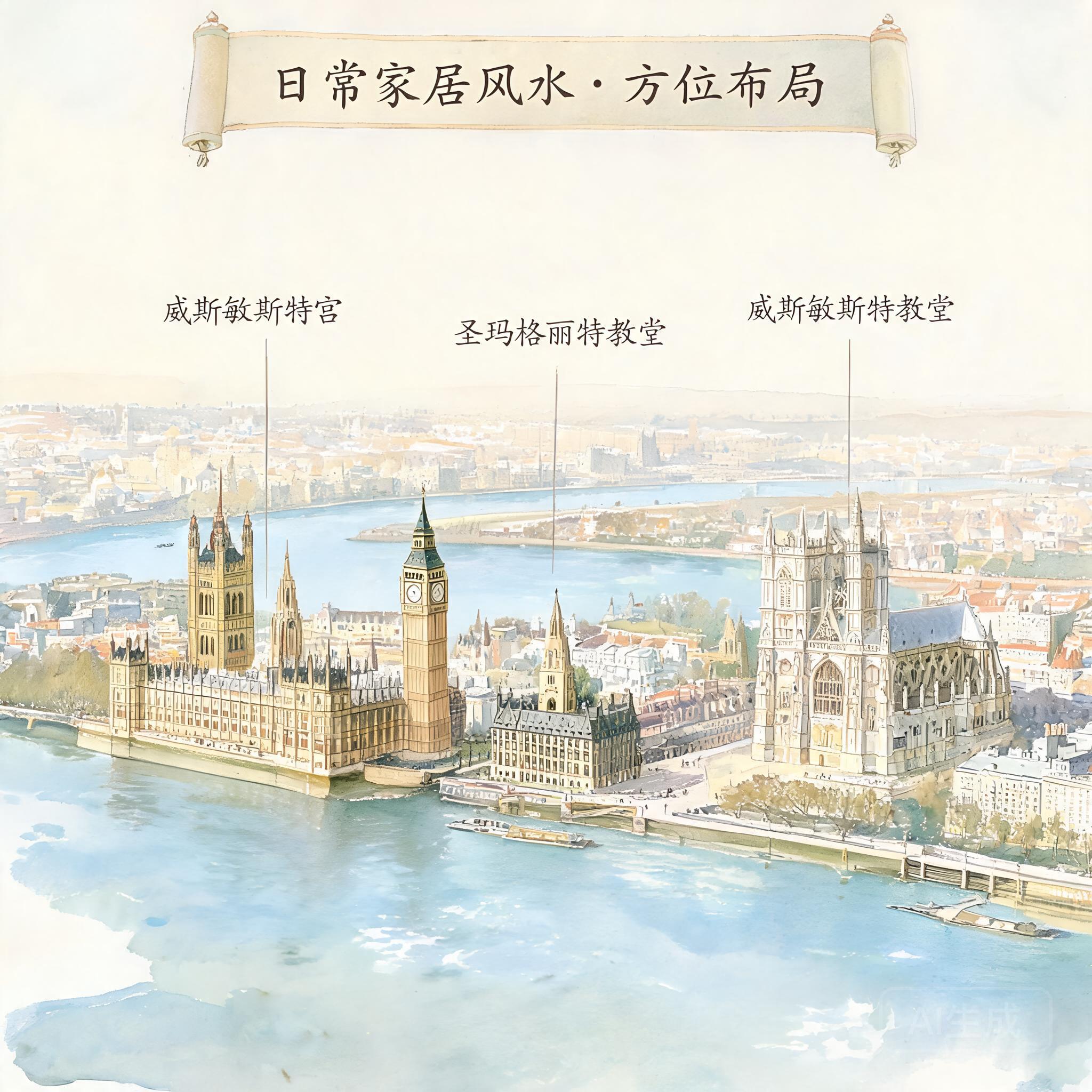 Aerial shot of the three Westminster sites showing their relative placement along the Thames, with St Margaret’s Church positioned directly between the Palace of Westminster and Westminster Abbey