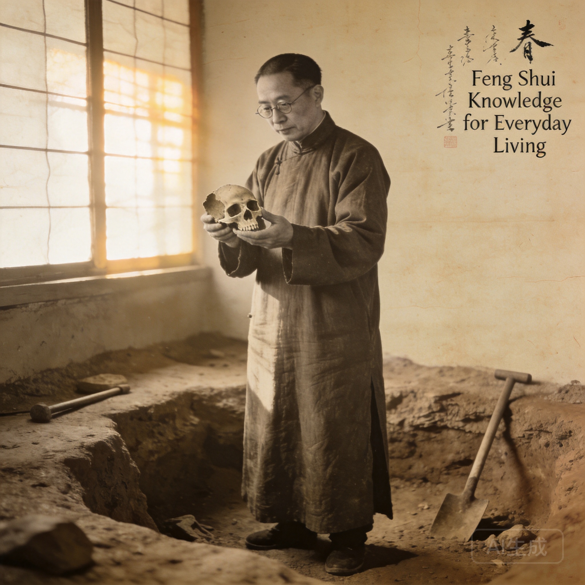 1929年考古學家裴文中手持首件出土北京人頭骨碎片的歷史照片
