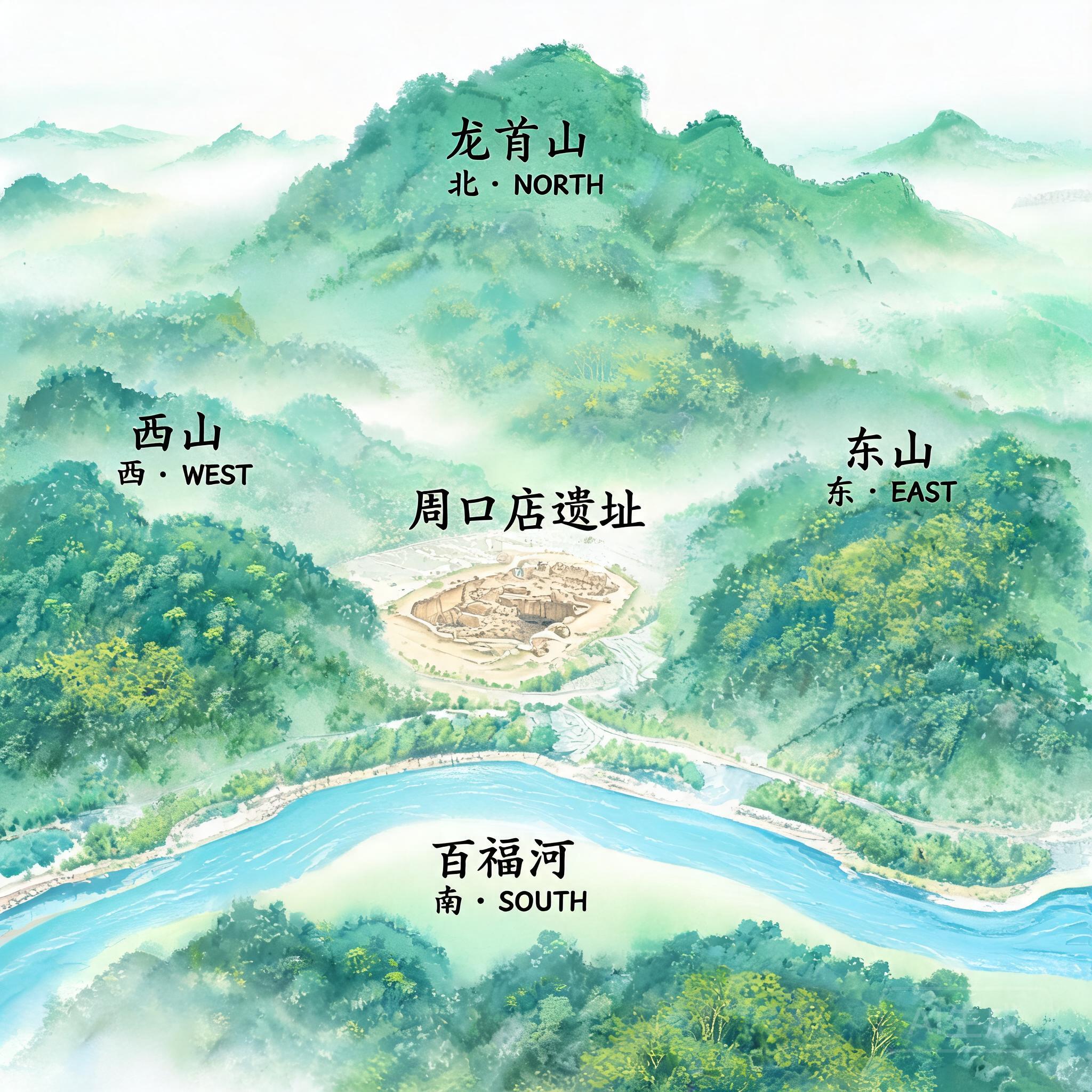 周口店遺址空拍照，可見北側龍山、南側百福河，以及東西兩側環抱的山丘