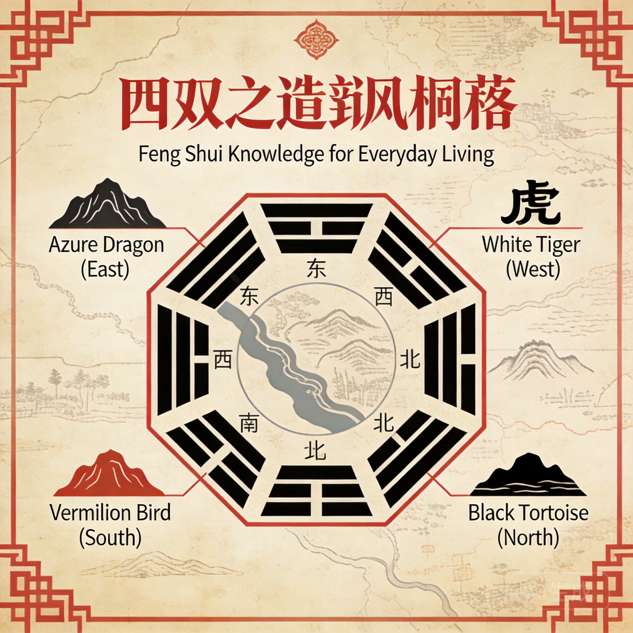 顯示周口店遺址四神獸對應布局的資訊圖，標示各個地形與方位