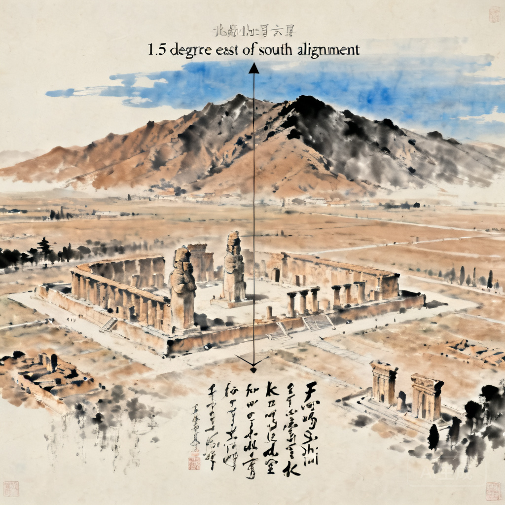 Aerial overhead shot of Persepolis ruins showing north Zagros mountain backing and open southern plain, with directional overlay marking 1.5-degree east of south alignment