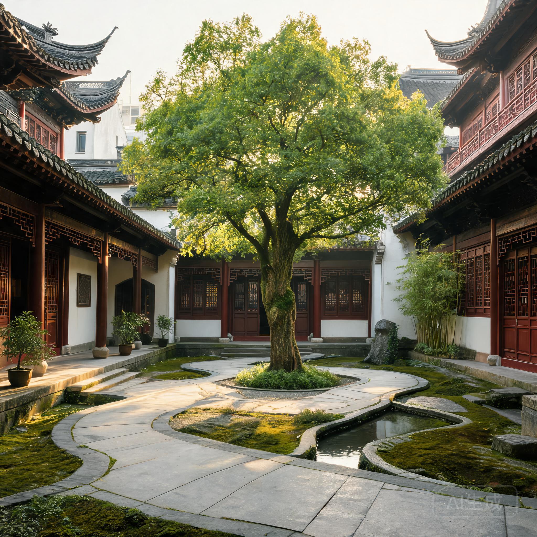 波夫萊特修道院內院一景，可見中央的酸橙樹與弧形石徑，呈現氣流設計