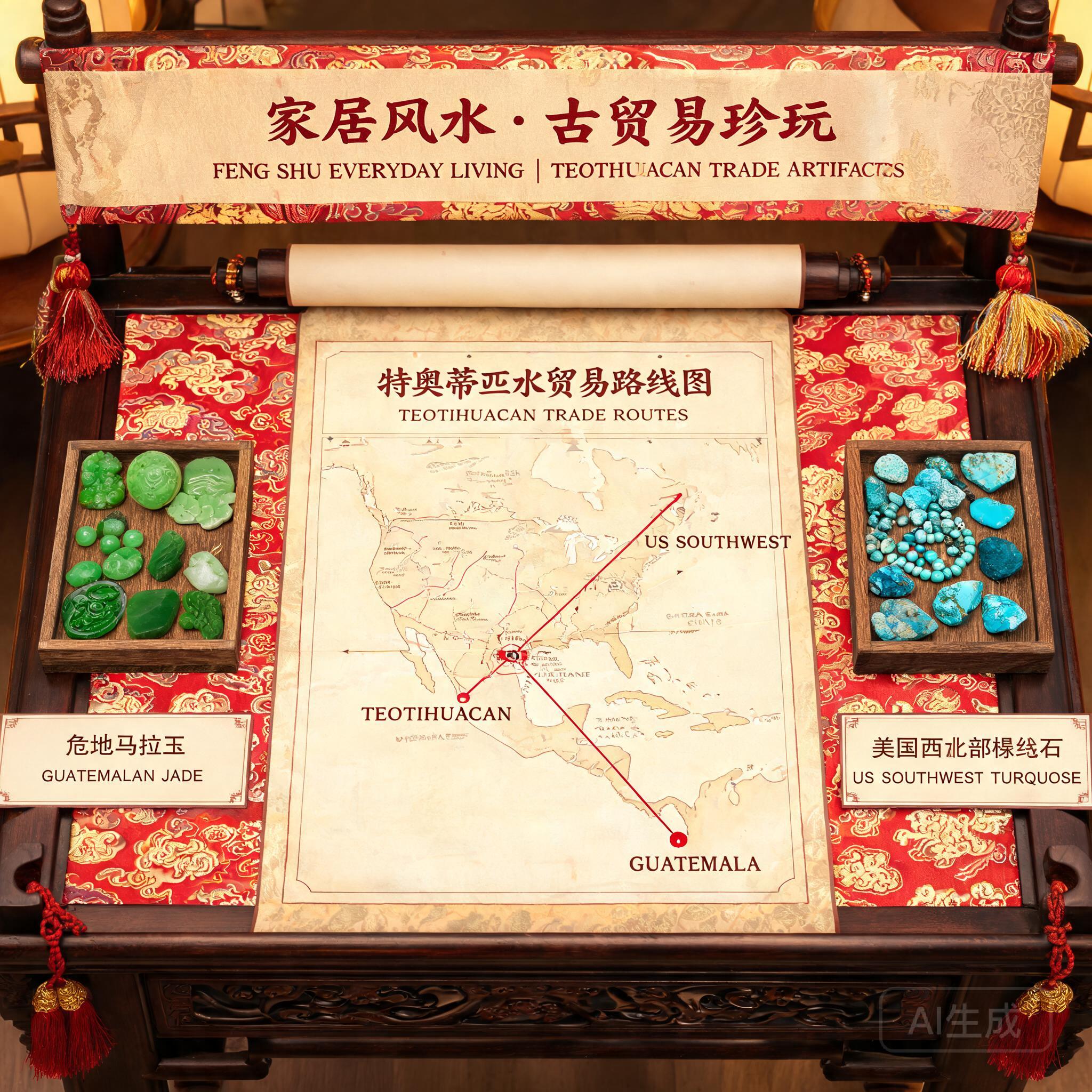 在特奧蒂瓦坎發現的貿易文物照片，包含瓜地馬拉的玉器與美國西南部的綠松石，陳列在城市貿易路線地圖旁