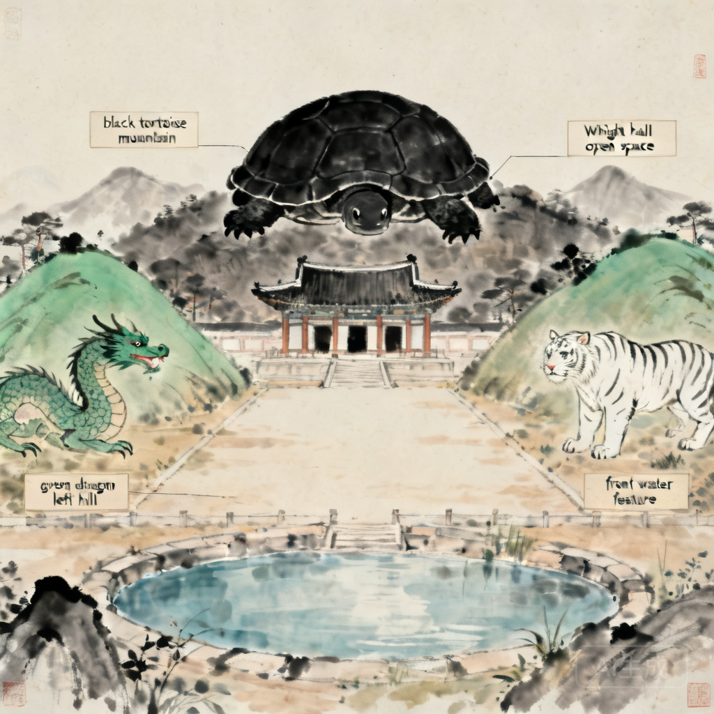 Annotated diagram of a Joseon royal tomb site labeling the black tortoise mountain, green dragon left hill, white tiger right hill, bright hall open space, and front water feature